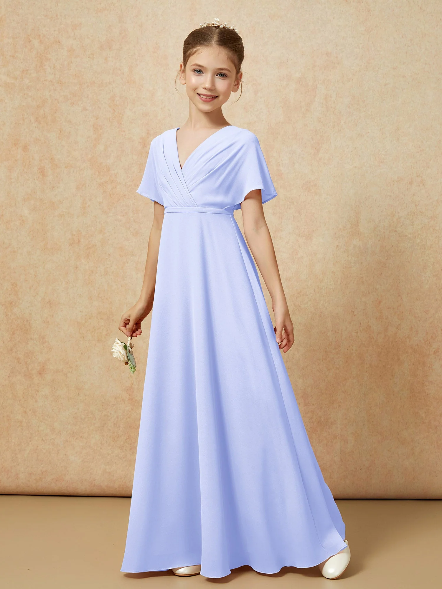 Flatterärmel A-Linie Chiffon Junge Brautjungfernkleider Lavendel - Image 6