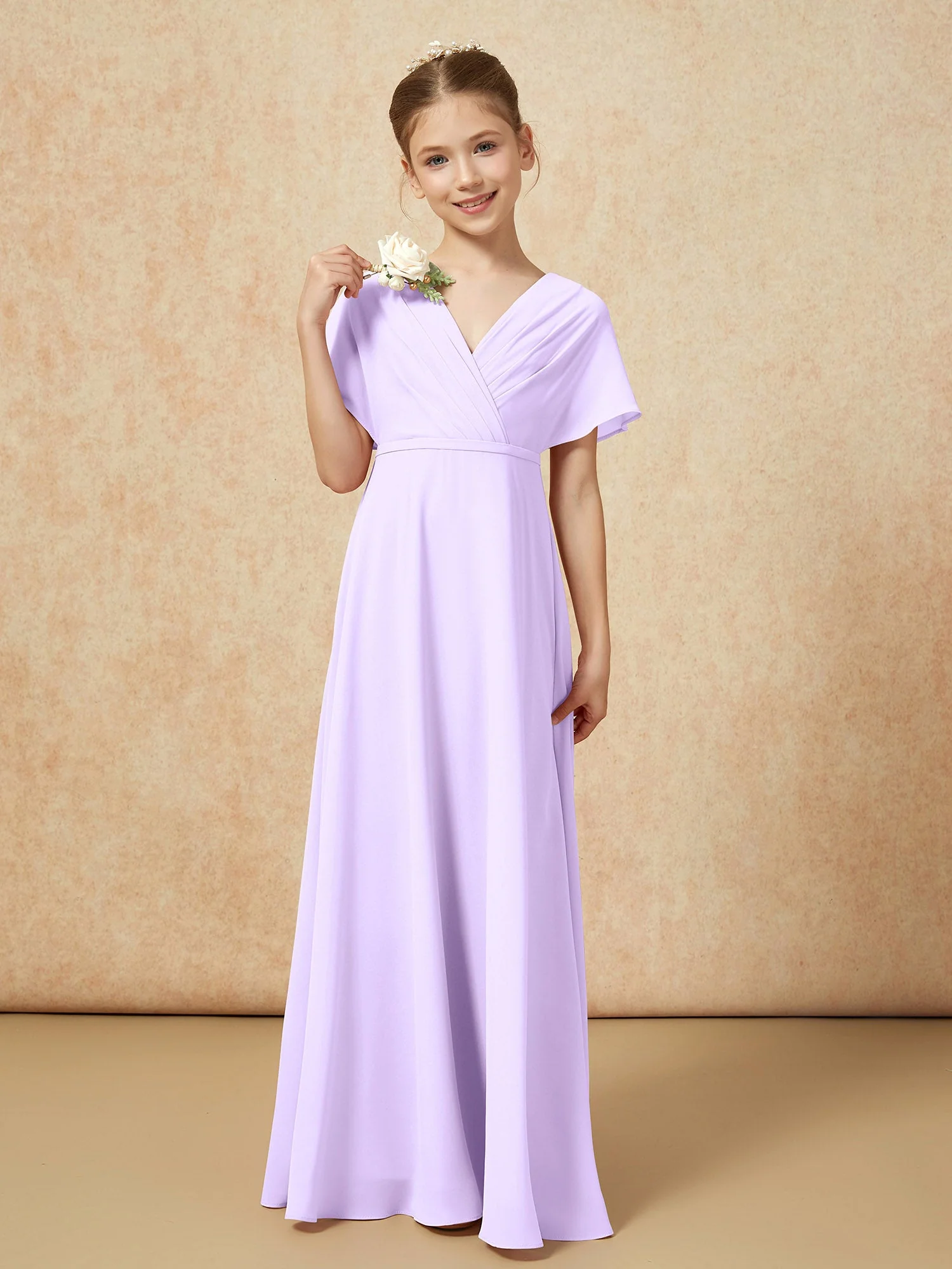 Flatterärmel A-Linie Chiffon Junge Brautjungfernkleider Lila