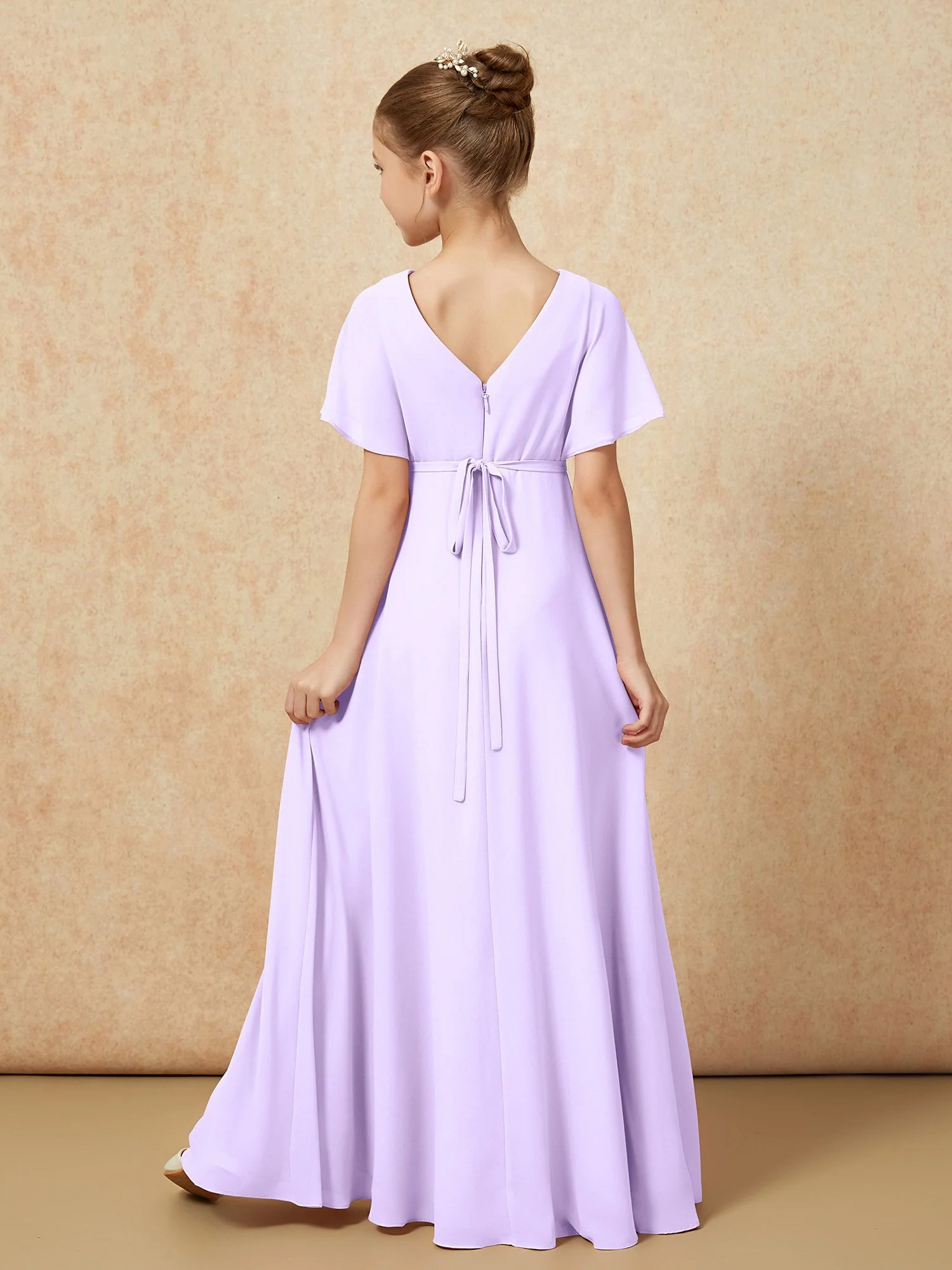 Flatterärmel A-Linie Chiffon Junge Brautjungfernkleider Lila - Image 2