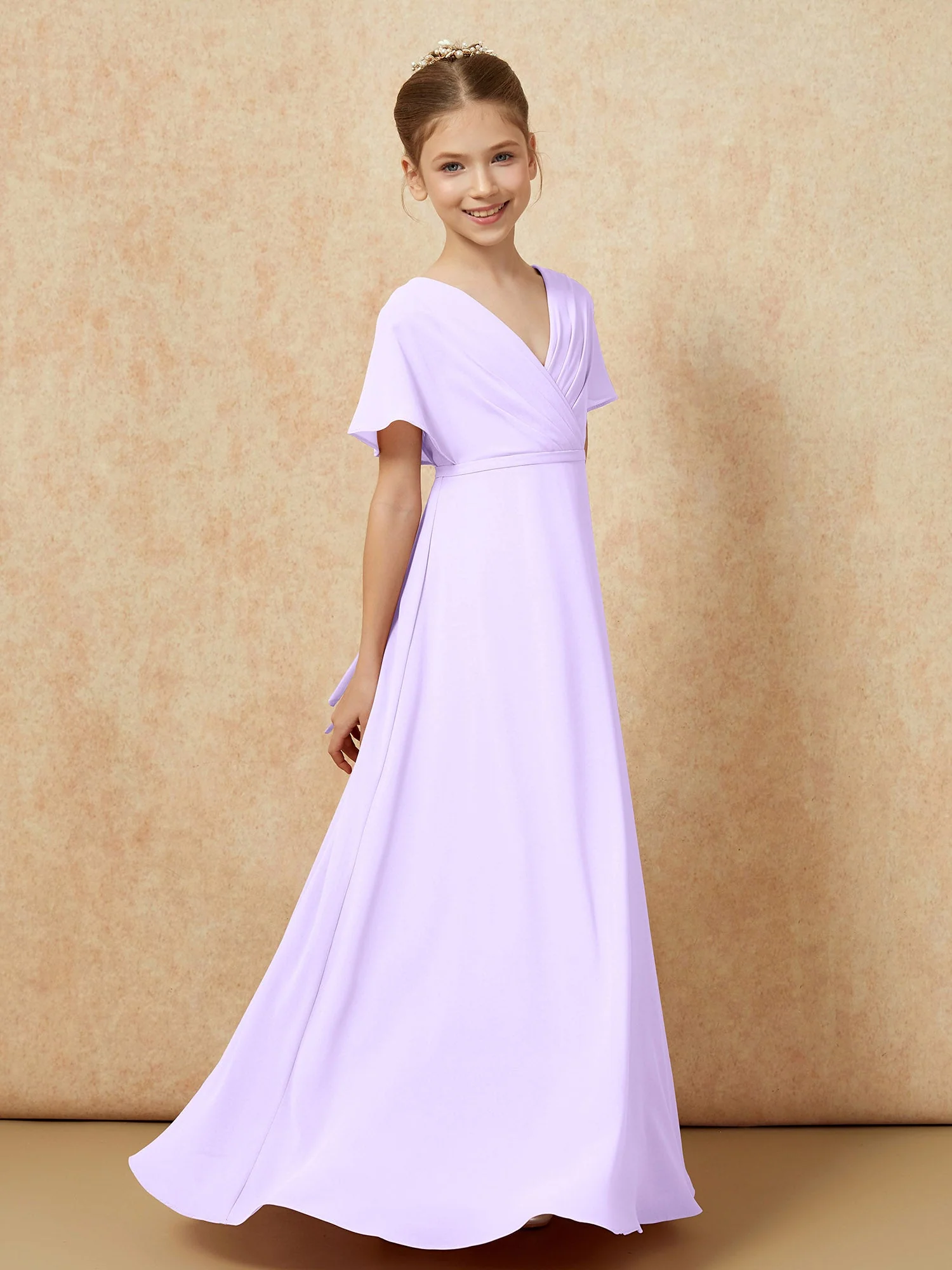 Flatterärmel A-Linie Chiffon Junge Brautjungfernkleider Lila - Image 3