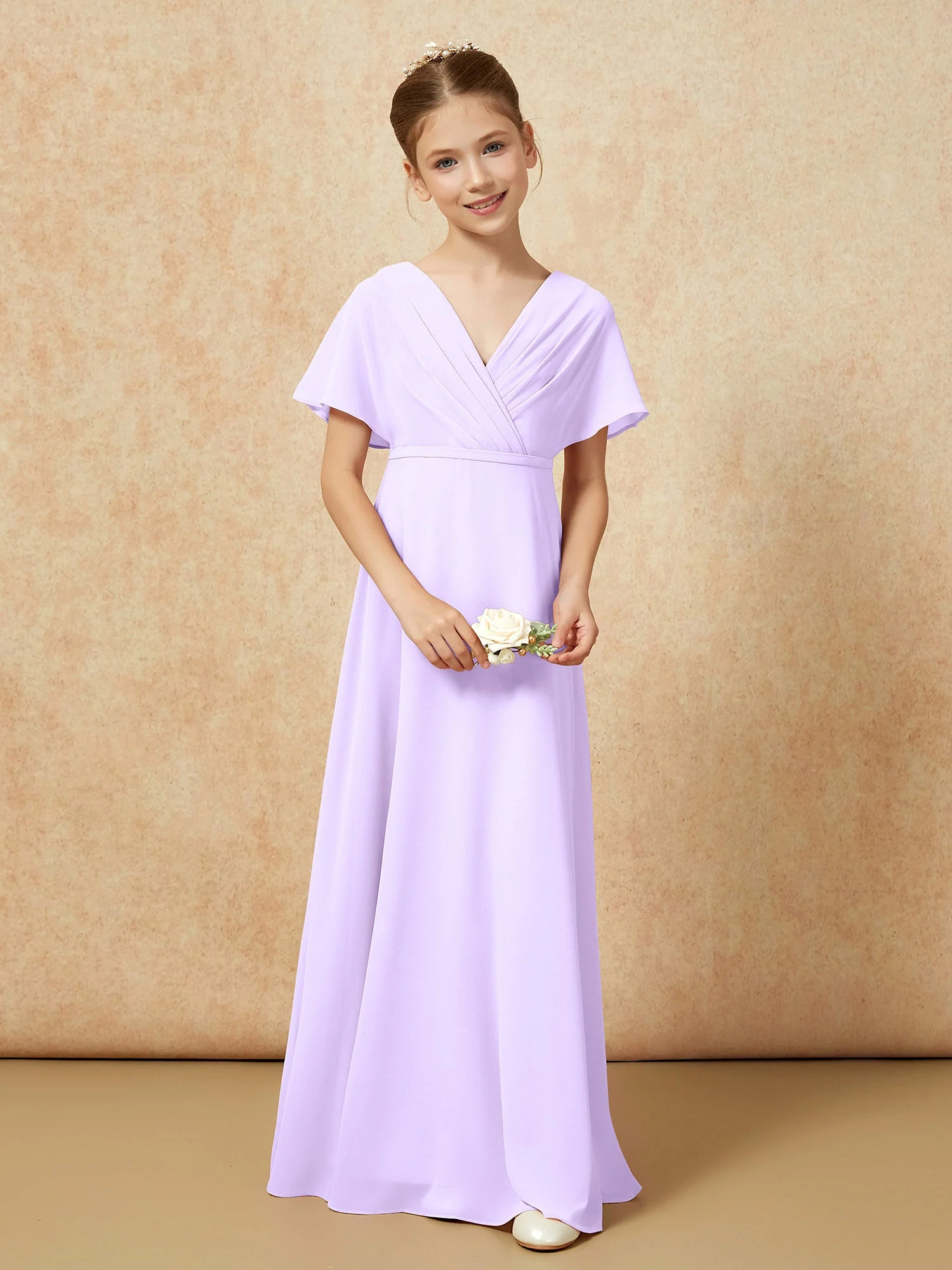Flatterärmel A-Linie Chiffon Junge Brautjungfernkleider Lila - Image 4