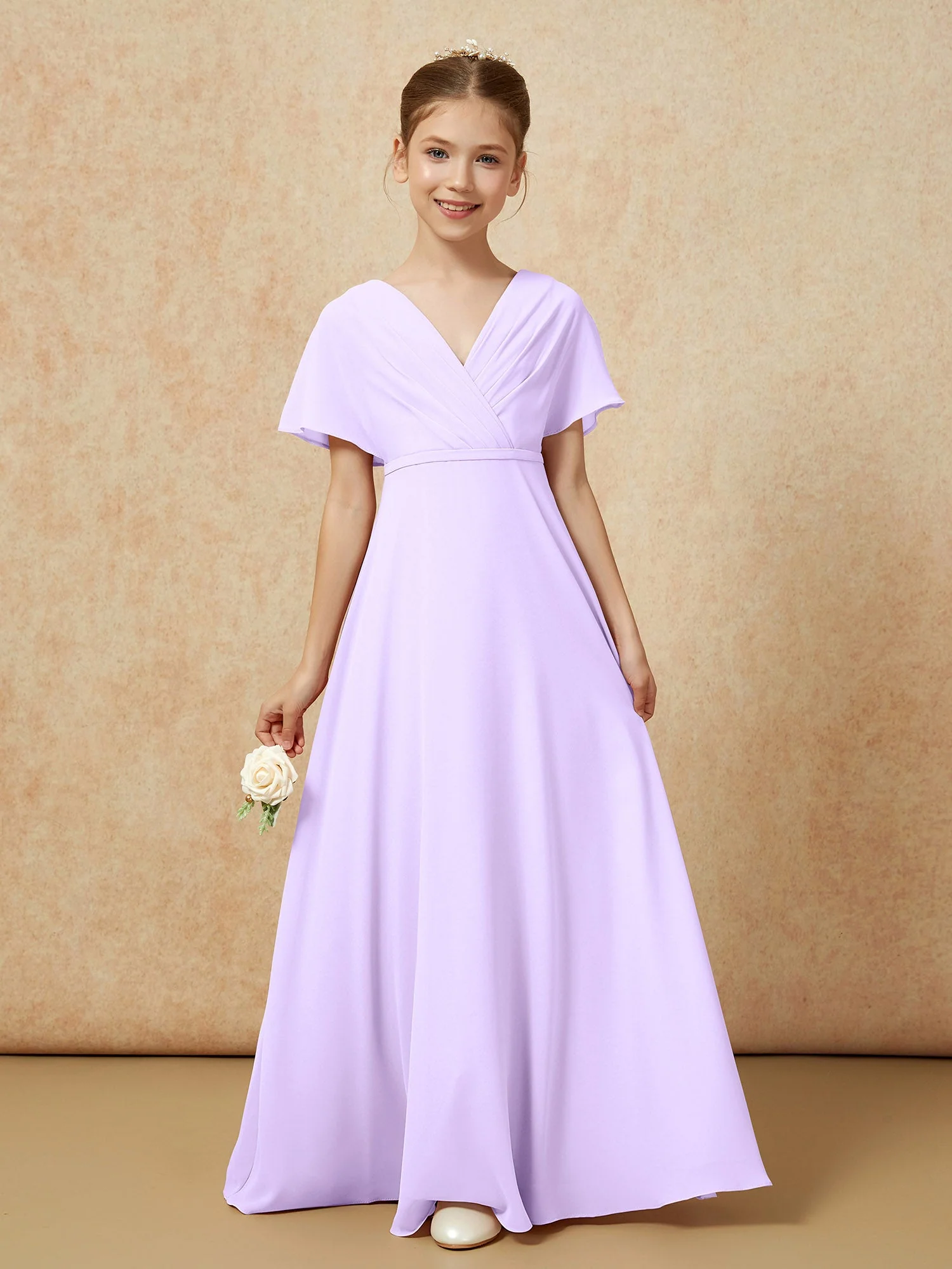 Flatterärmel A-Linie Chiffon Junge Brautjungfernkleider Lila - Image 5