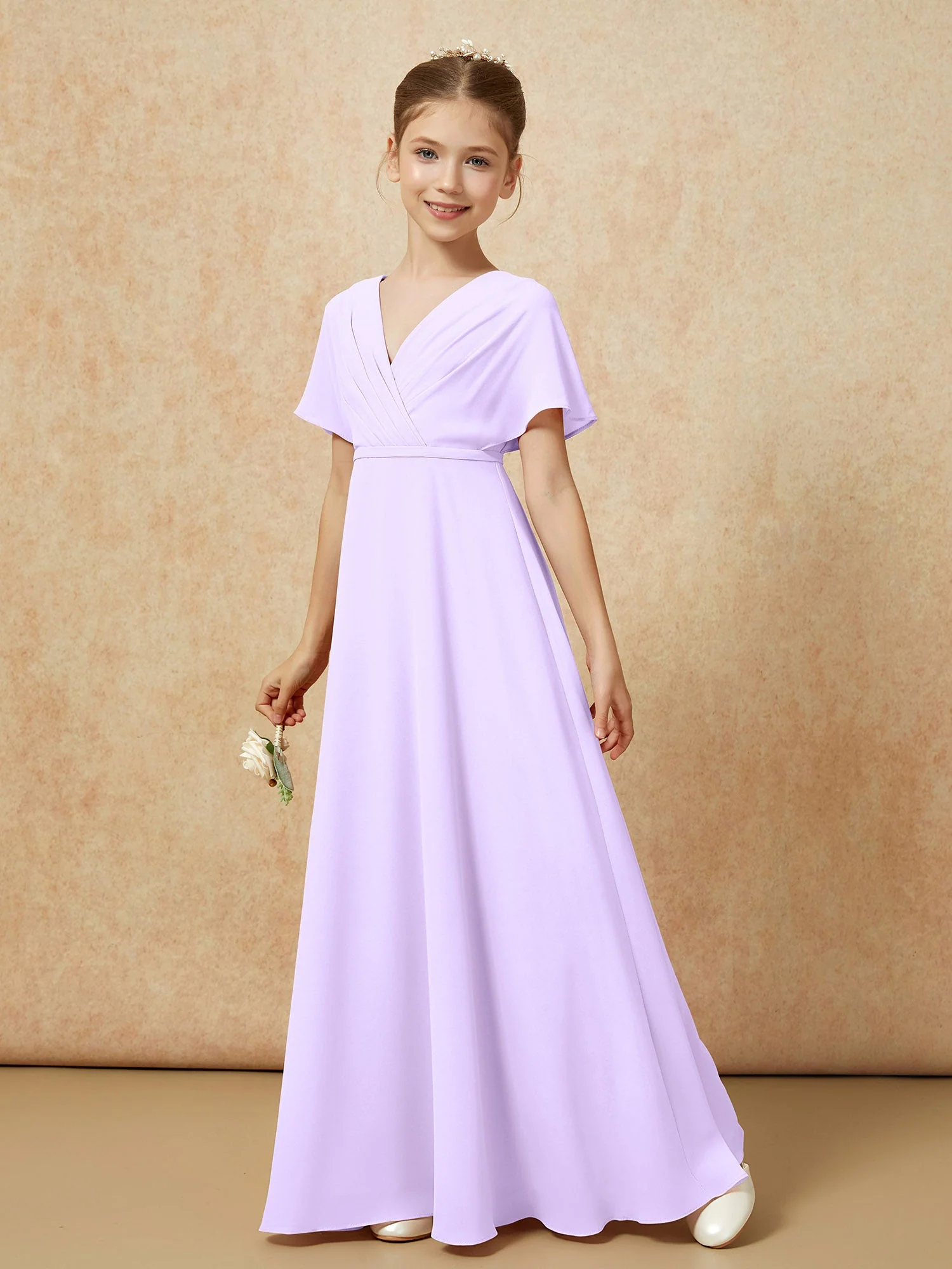 Flatterärmel A-Linie Chiffon Junge Brautjungfernkleider Lila - Image 6