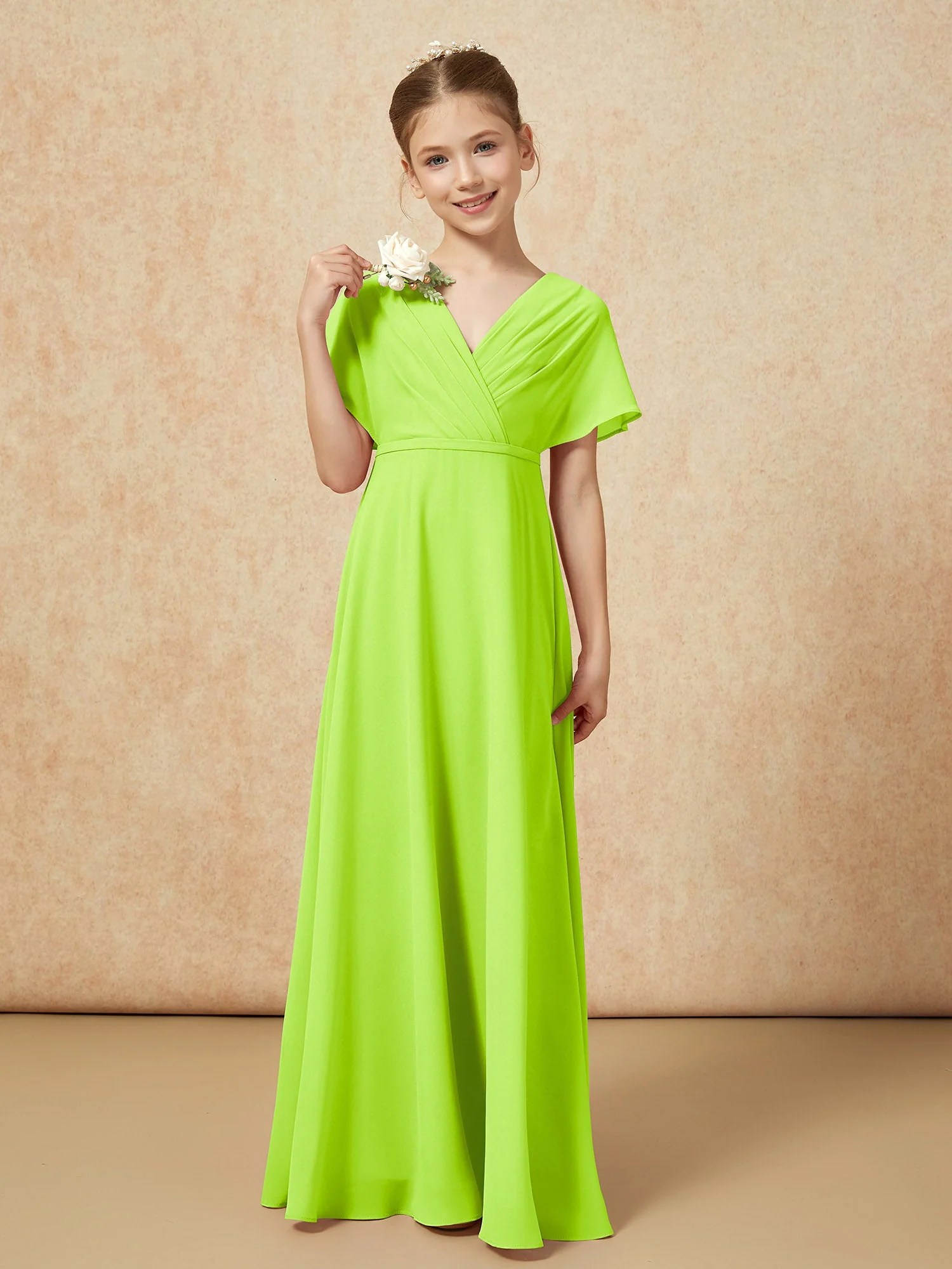Flatterärmel A-Linie Chiffon Junge Brautjungfernkleider Lindgrün