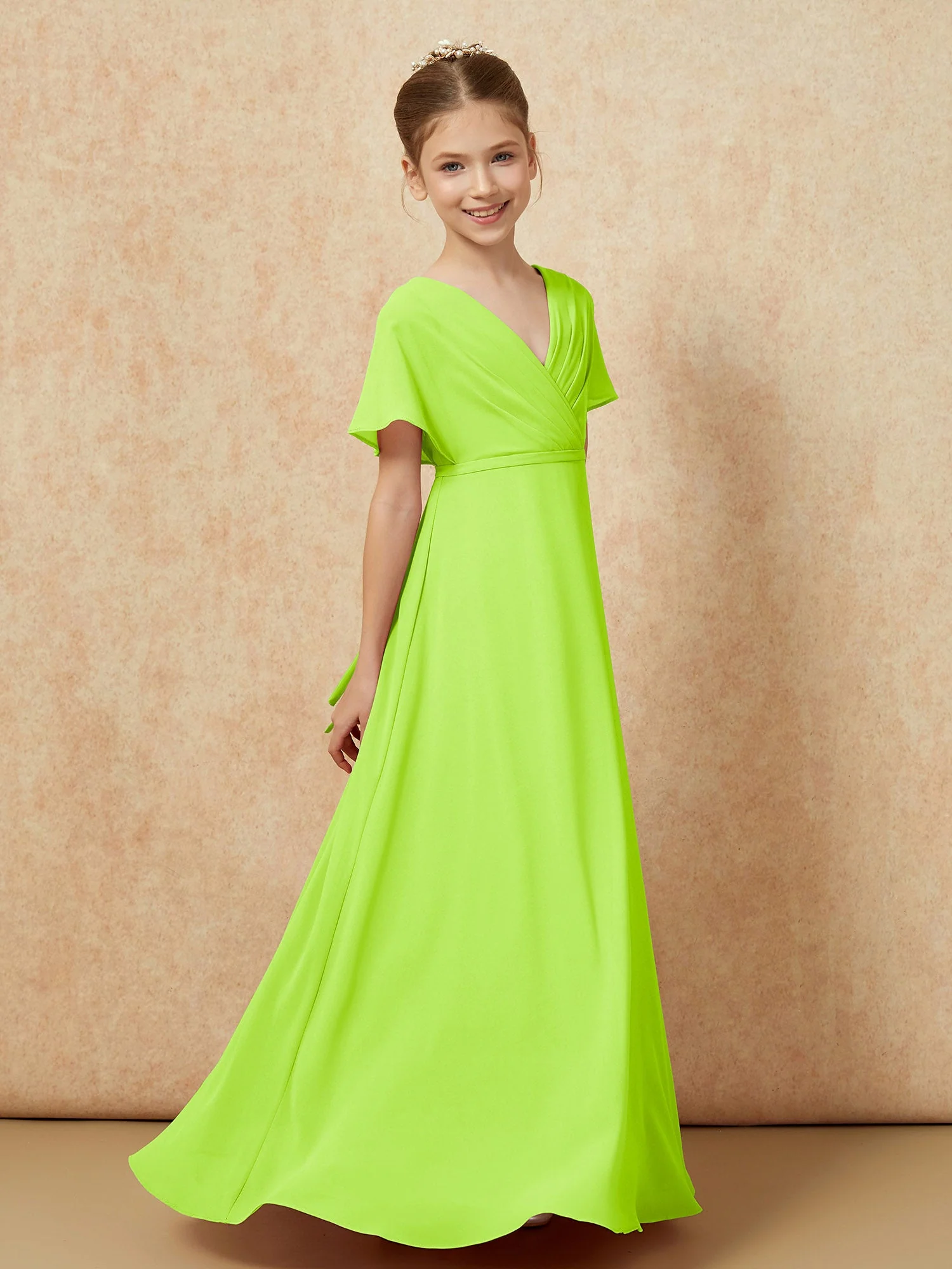 Flatterärmel A-Linie Chiffon Junge Brautjungfernkleider Lindgrün - Image 3