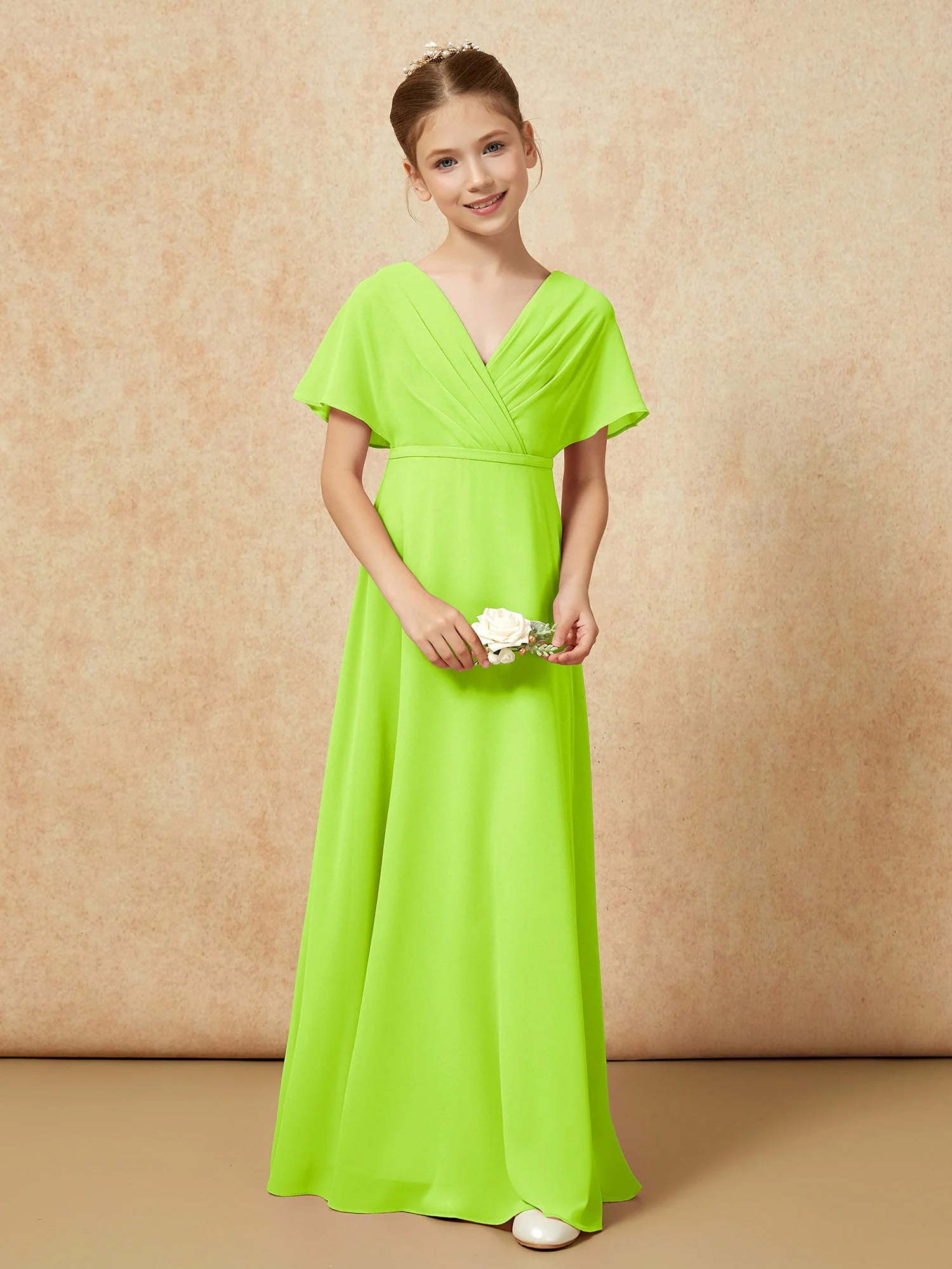 Flatterärmel A-Linie Chiffon Junge Brautjungfernkleider Lindgrün - Image 4
