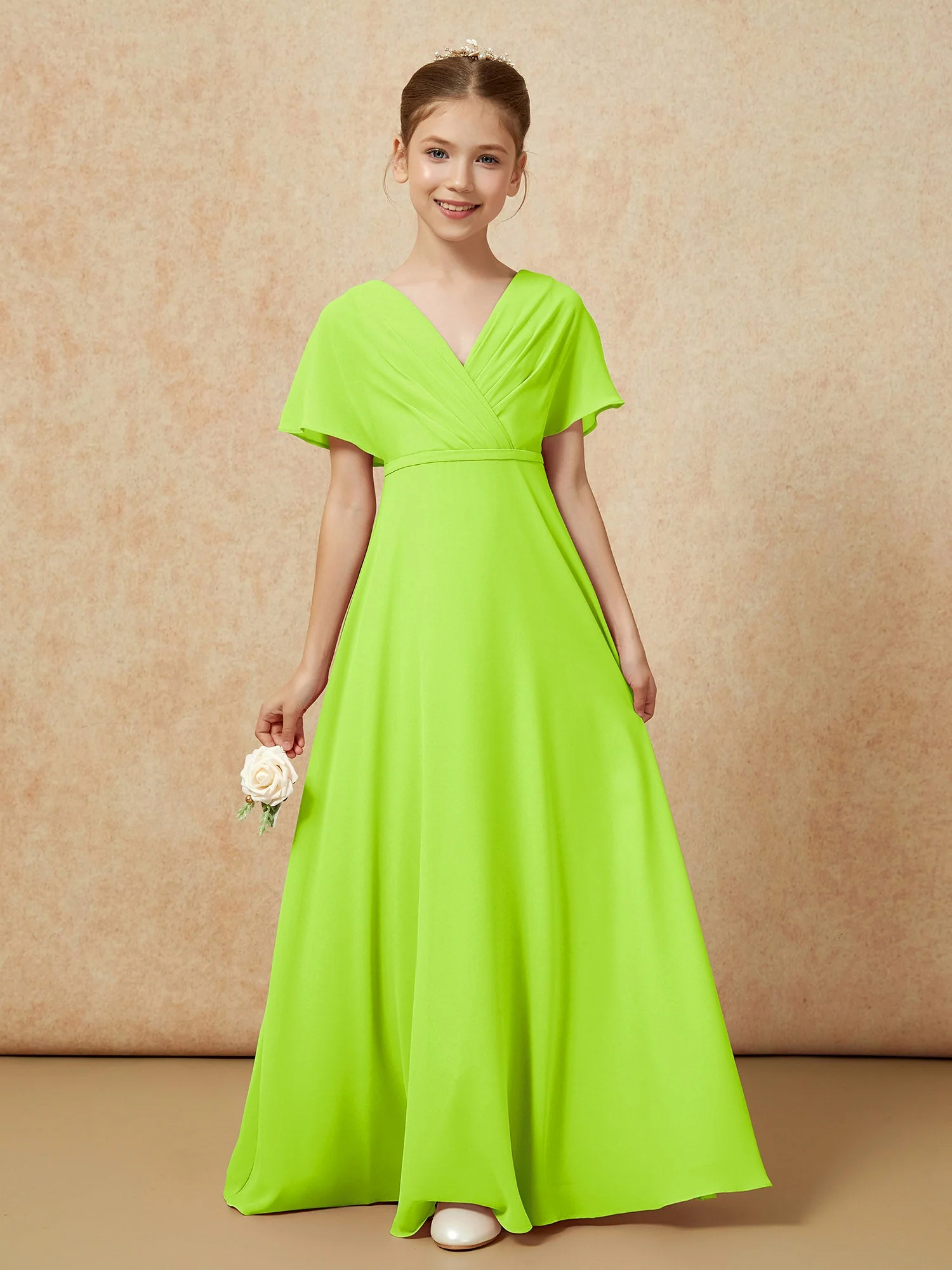 Flatterärmel A-Linie Chiffon Junge Brautjungfernkleider Lindgrün - Image 5