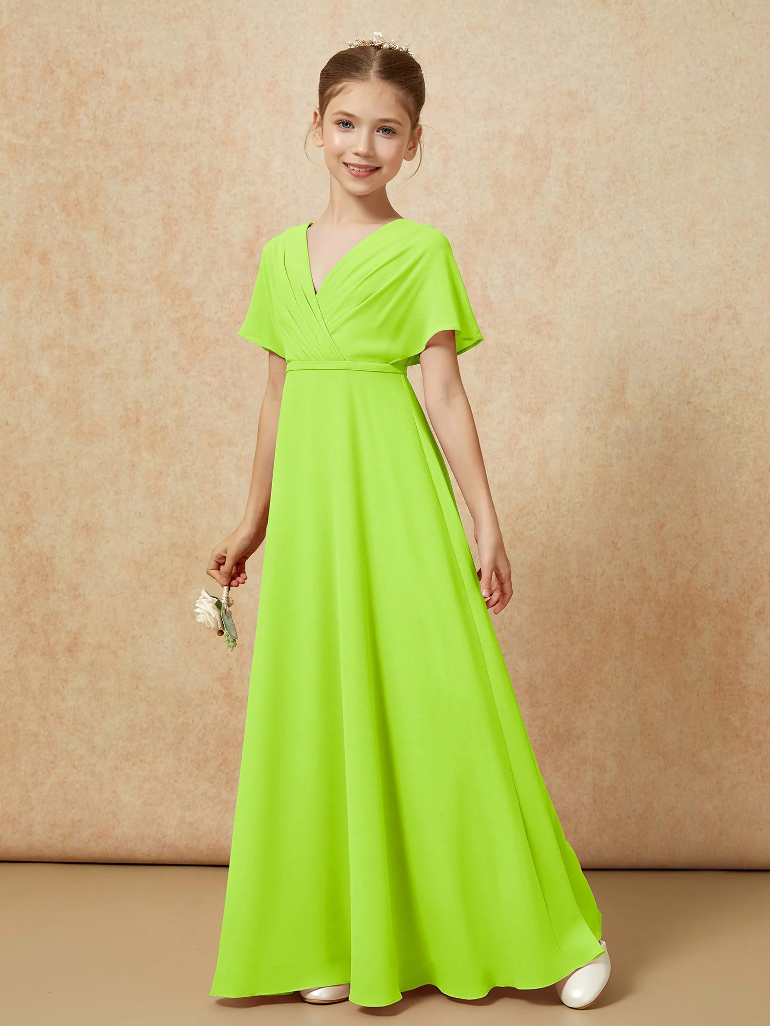 Flatterärmel A-Linie Chiffon Junge Brautjungfernkleider Lindgrün - Image 6
