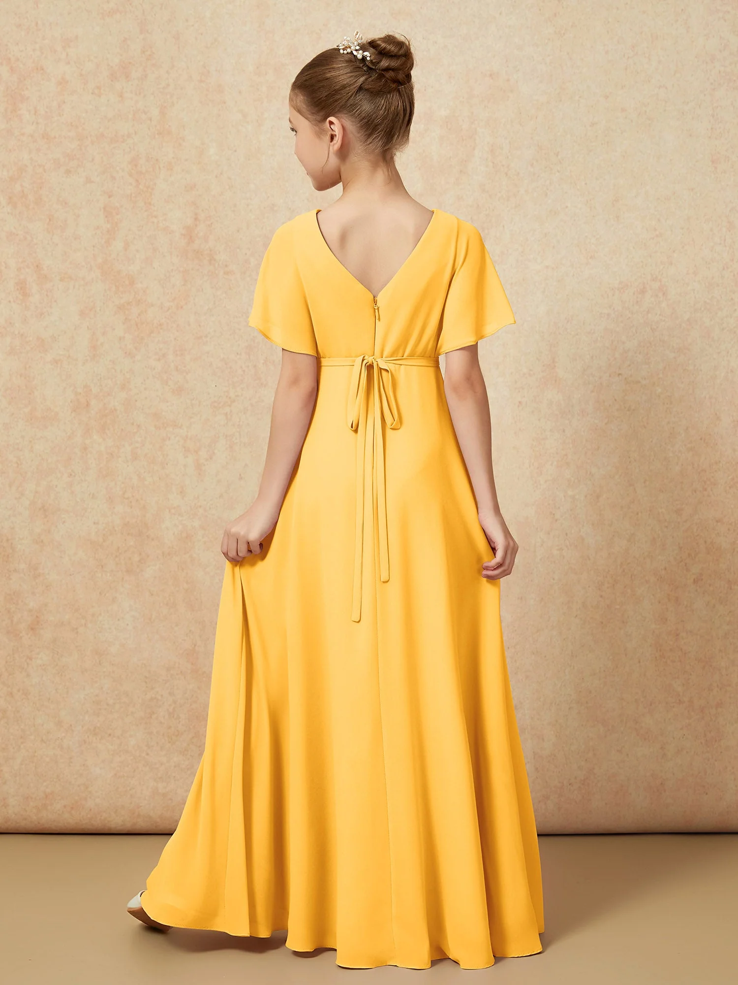 FlatterÀrmel A-Linie Chiffon Junge Brautjungfernkleider Mandarine - Image 2