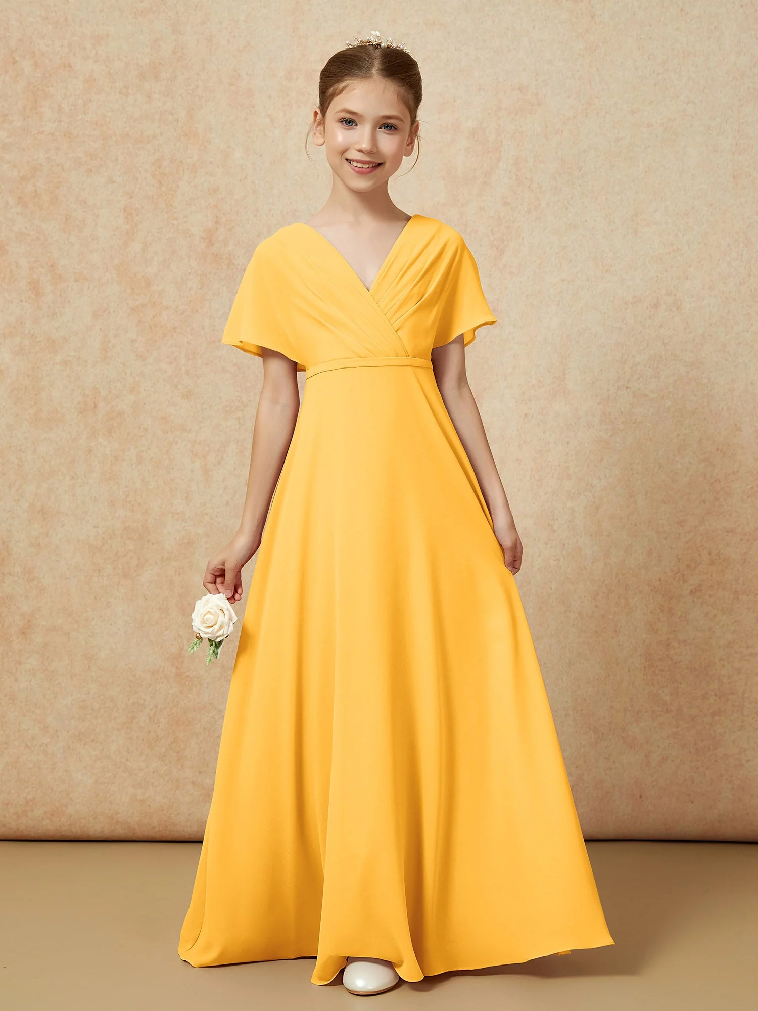 FlatterÀrmel A-Linie Chiffon Junge Brautjungfernkleider Mandarine - Image 5