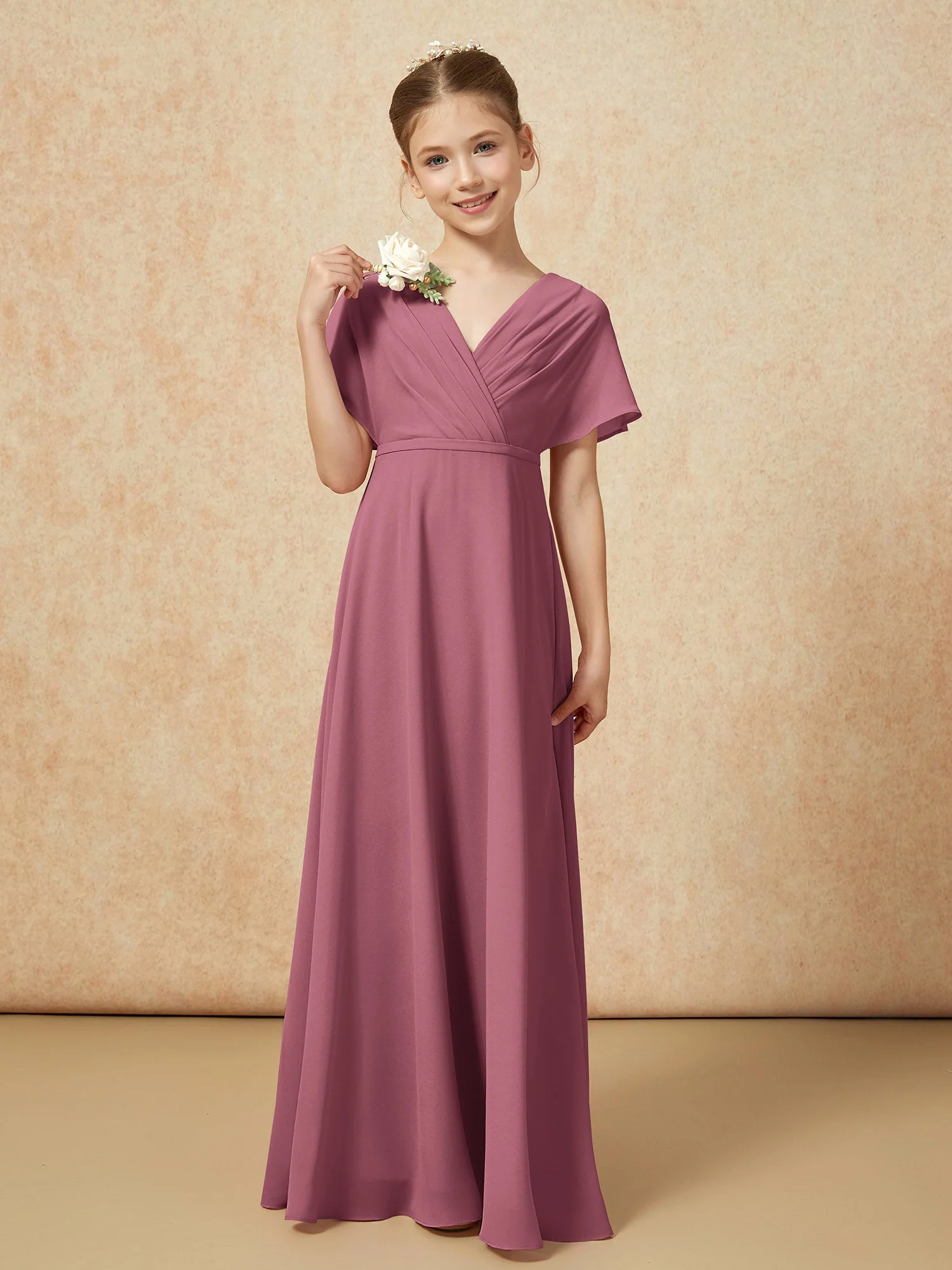 FlatterÀrmel A-Linie Chiffon Junge Brautjungfernkleider Maulbeere