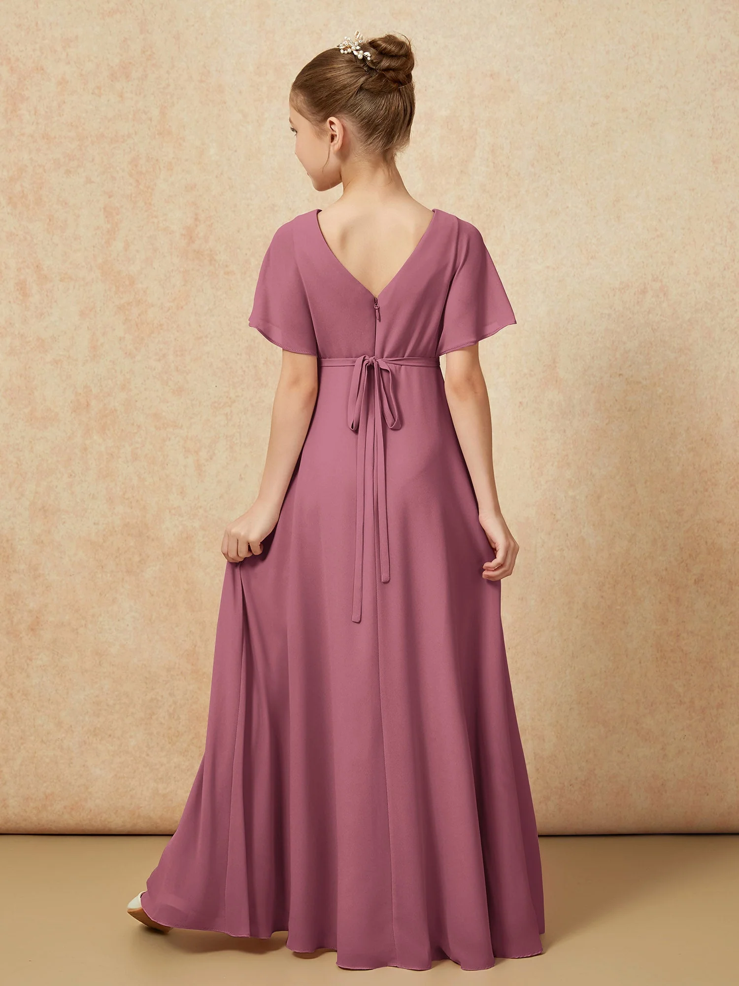 FlatterÀrmel A-Linie Chiffon Junge Brautjungfernkleider Maulbeere - Image 2
