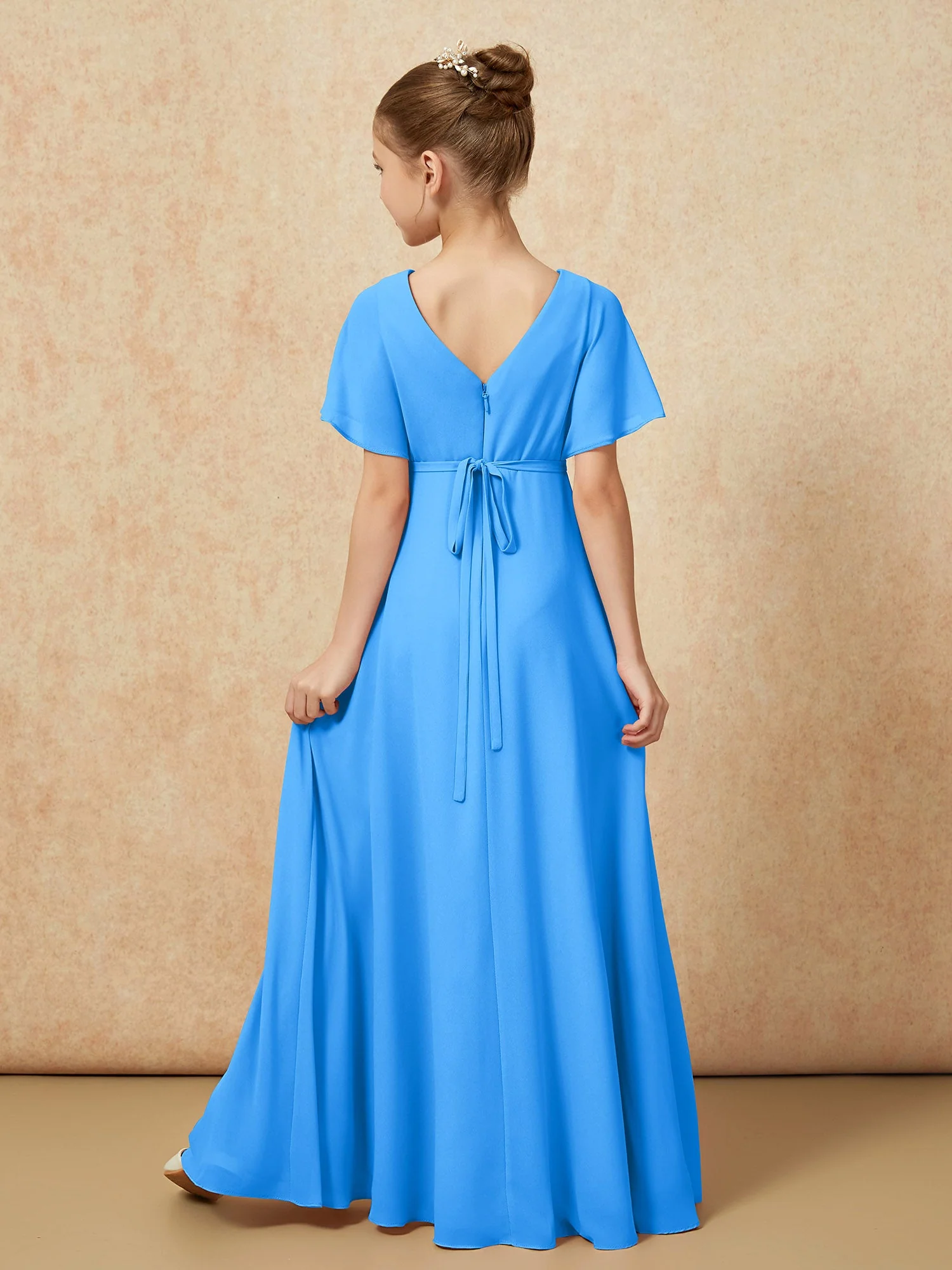 FlatterÀrmel A-Linie Chiffon Junge Brautjungfernkleider Meerblau - Image 2