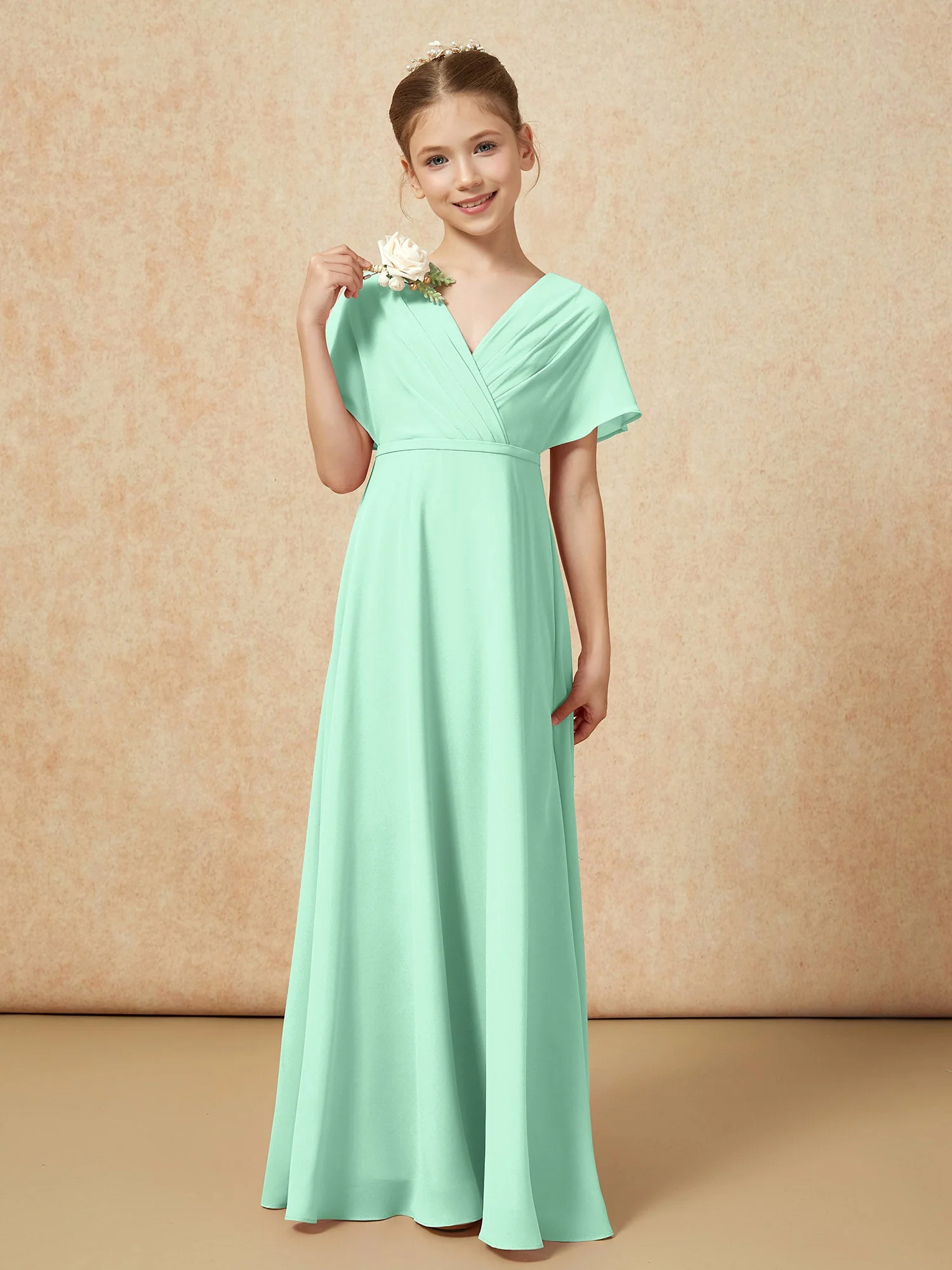 Flatterärmel A-Linie Chiffon Junge Brautjungfernkleider Minzgrün