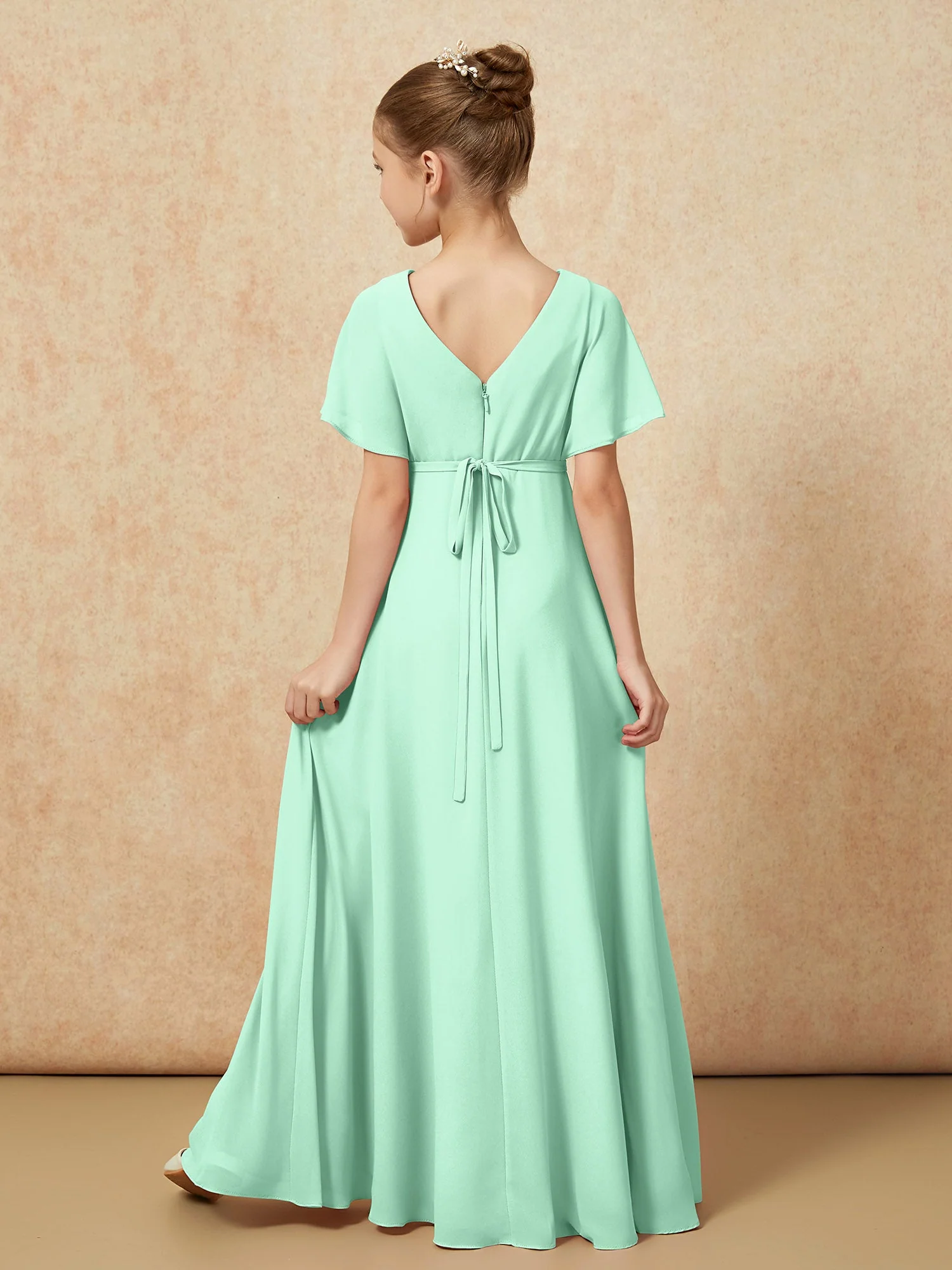 Flatterärmel A-Linie Chiffon Junge Brautjungfernkleider Minzgrün - Image 2