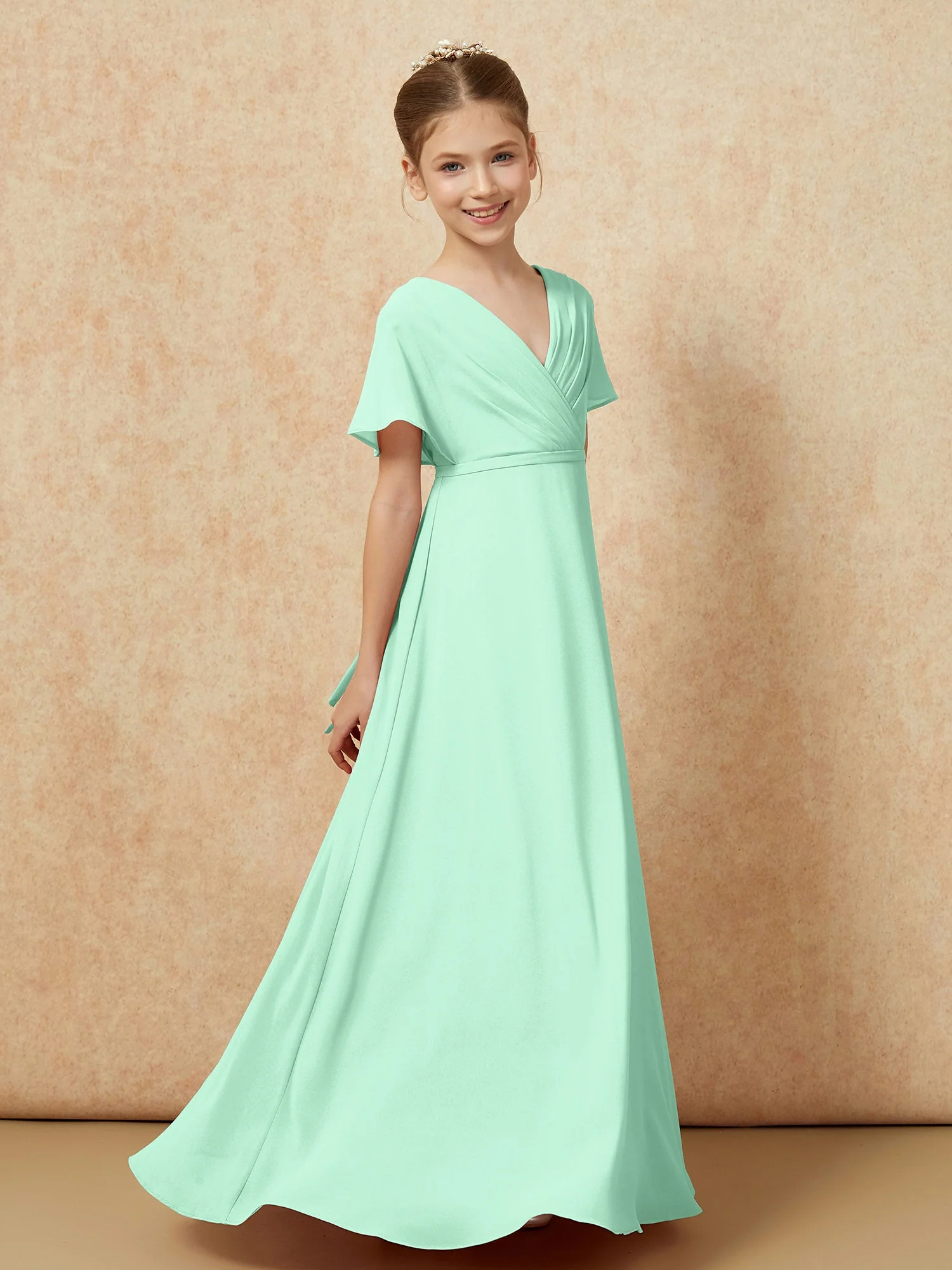 Flatterärmel A-Linie Chiffon Junge Brautjungfernkleider Minzgrün - Image 3