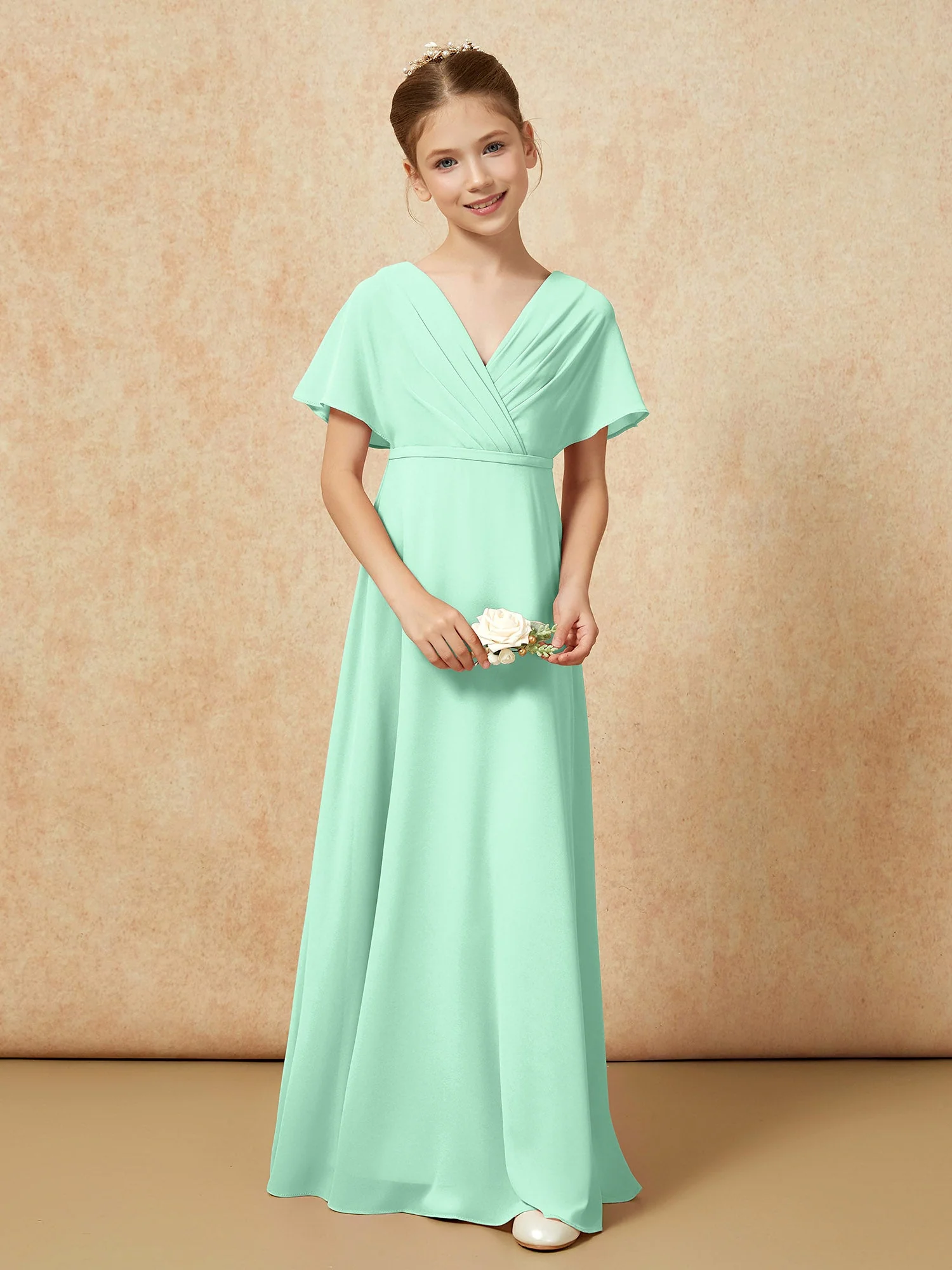 Flatterärmel A-Linie Chiffon Junge Brautjungfernkleider Minzgrün - Image 4
