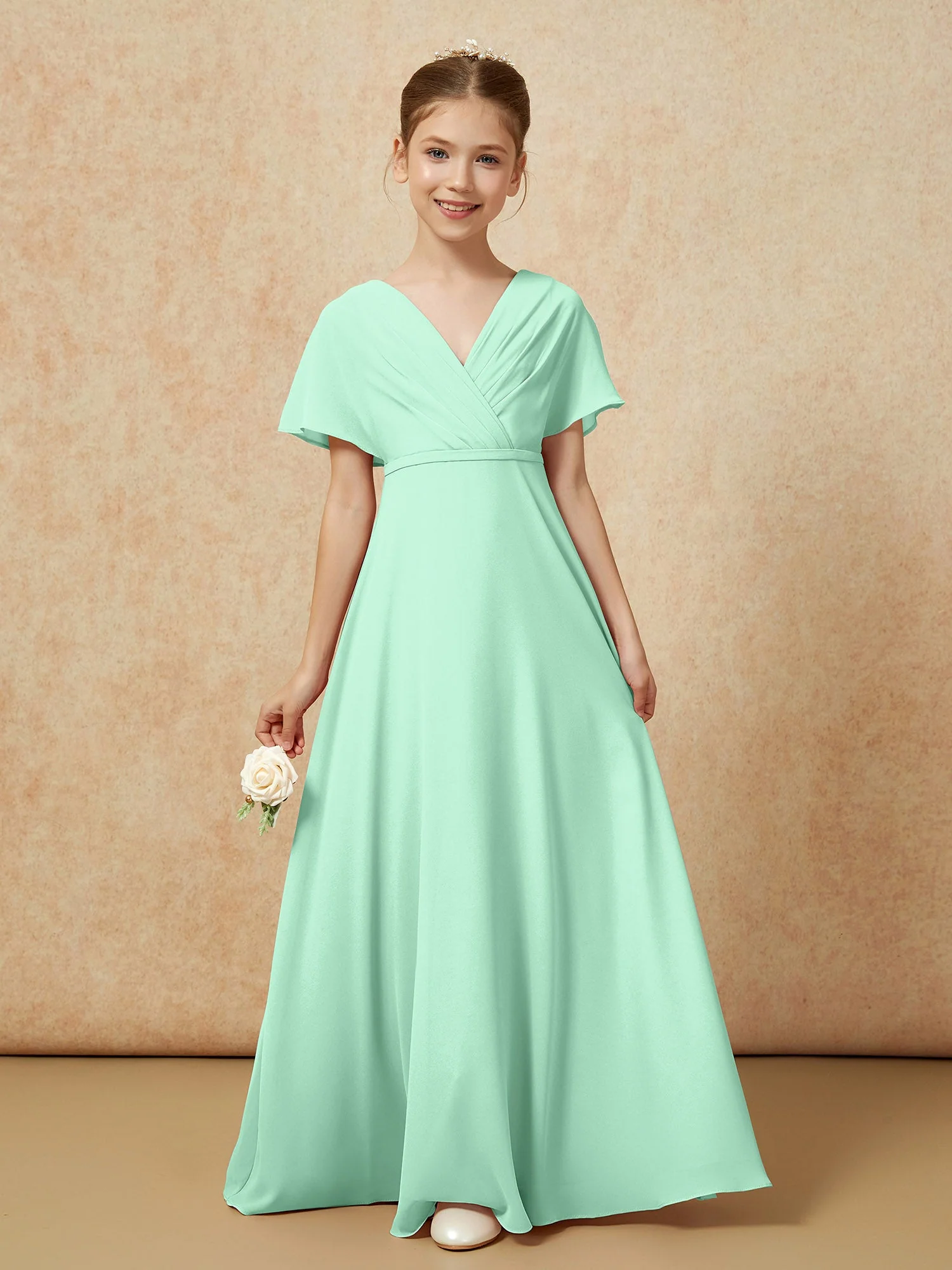 Flatterärmel A-Linie Chiffon Junge Brautjungfernkleider Minzgrün - Image 5