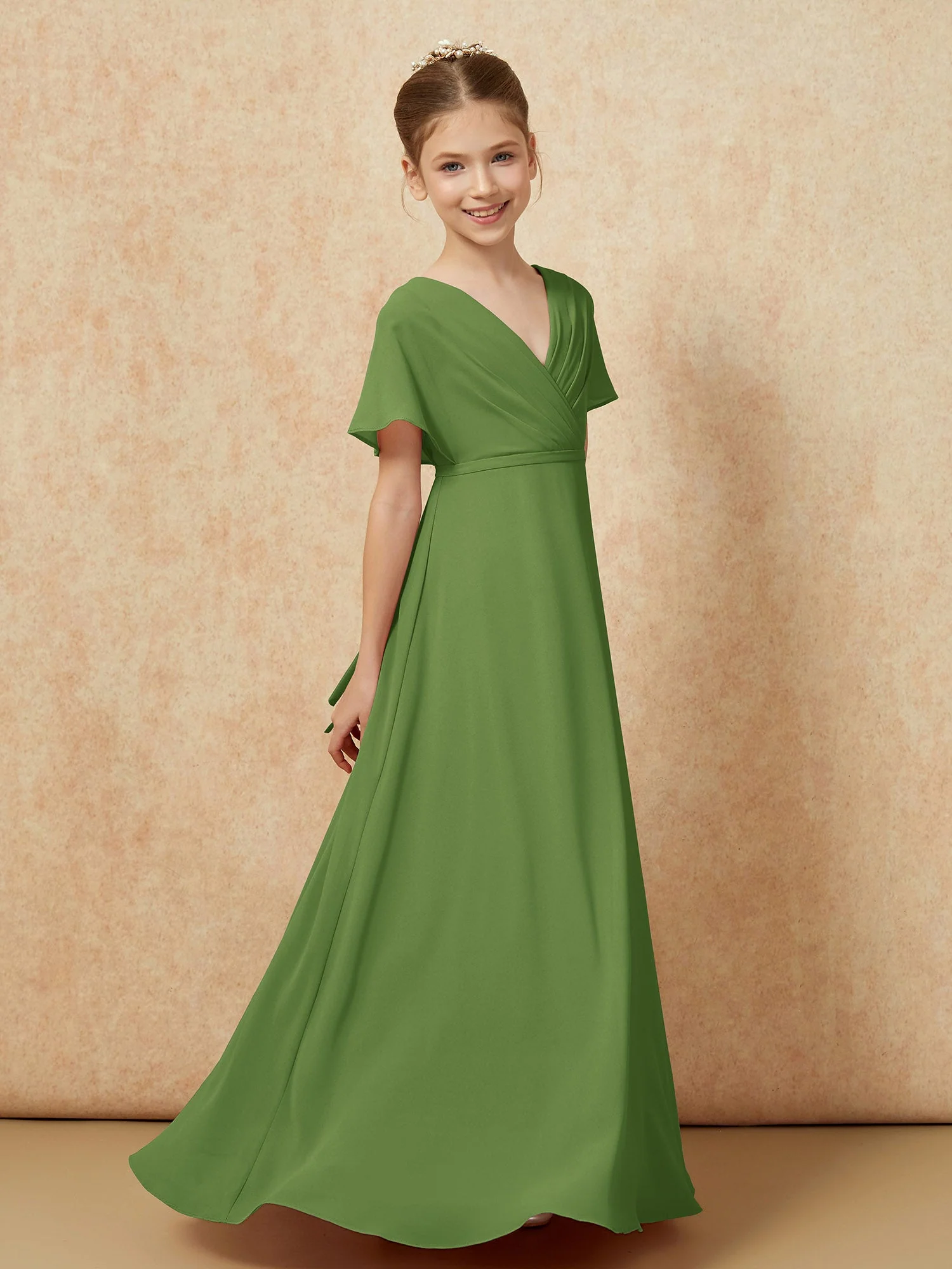 FlatterÀrmel A-Linie Chiffon Junge Brautjungfernkleider Moos - Image 3