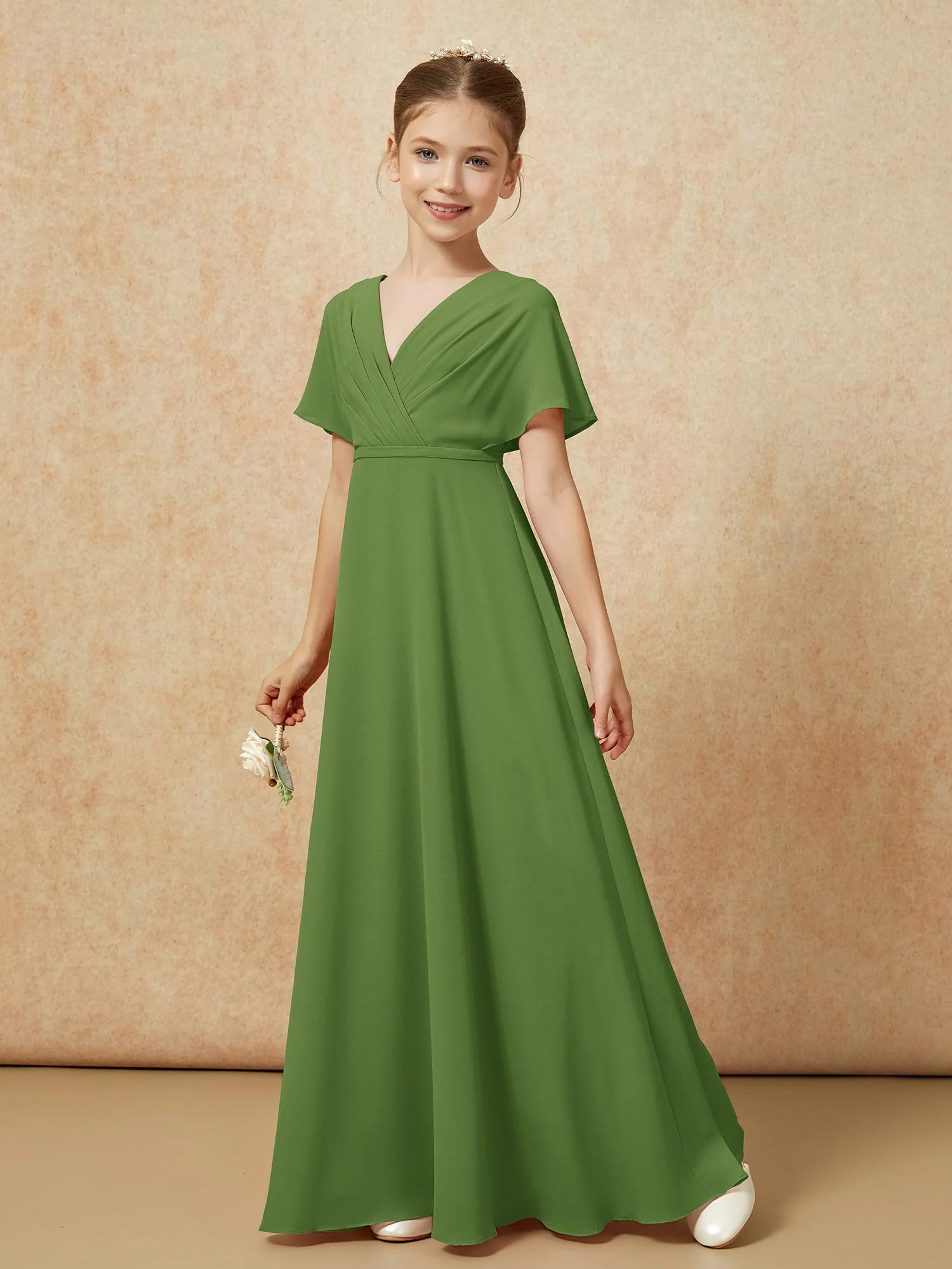 FlatterÀrmel A-Linie Chiffon Junge Brautjungfernkleider Moos - Image 6