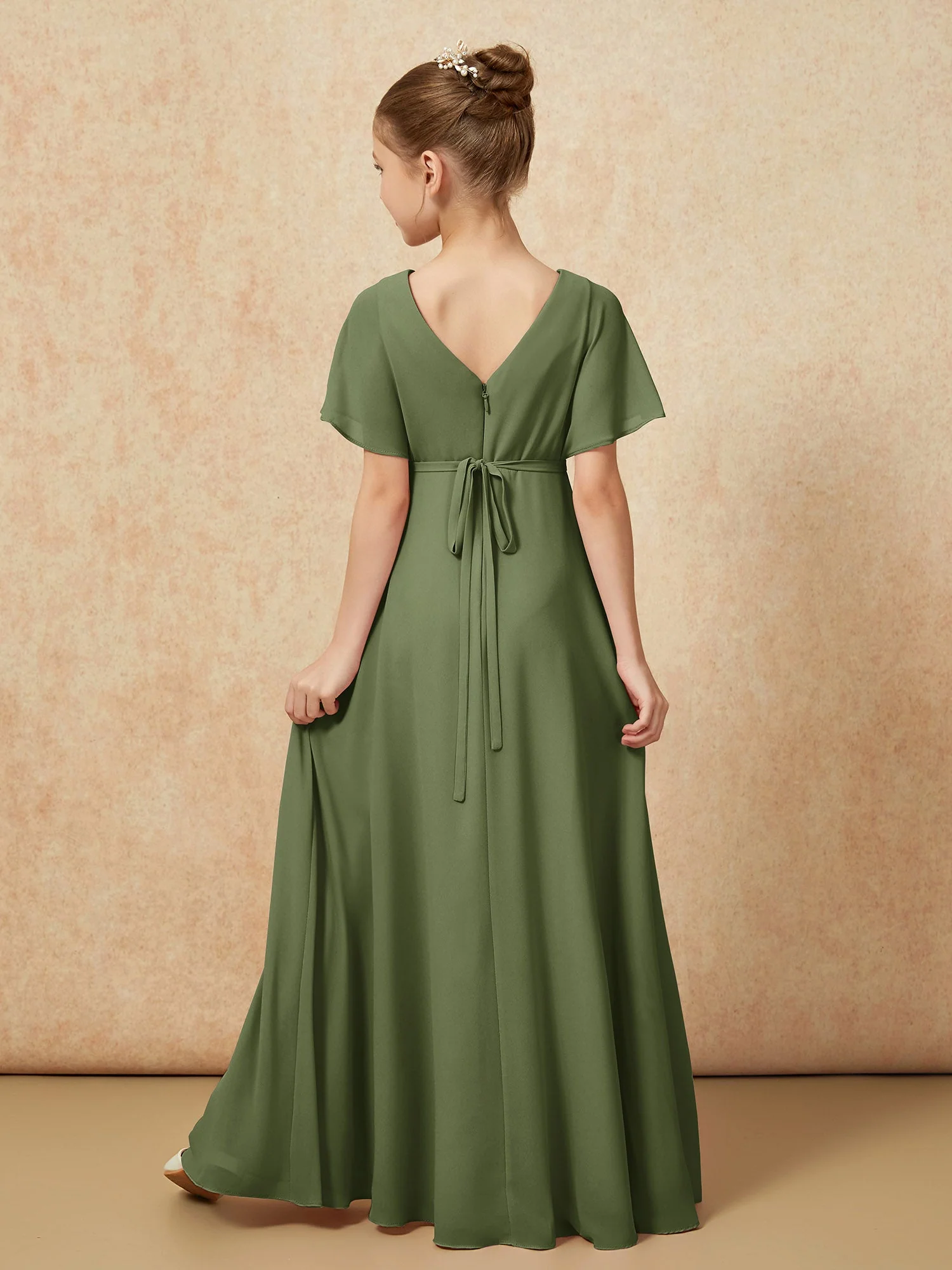 Flatterärmel A-Linie Chiffon Junge Brautjungfernkleider Olivgrün - Image 2