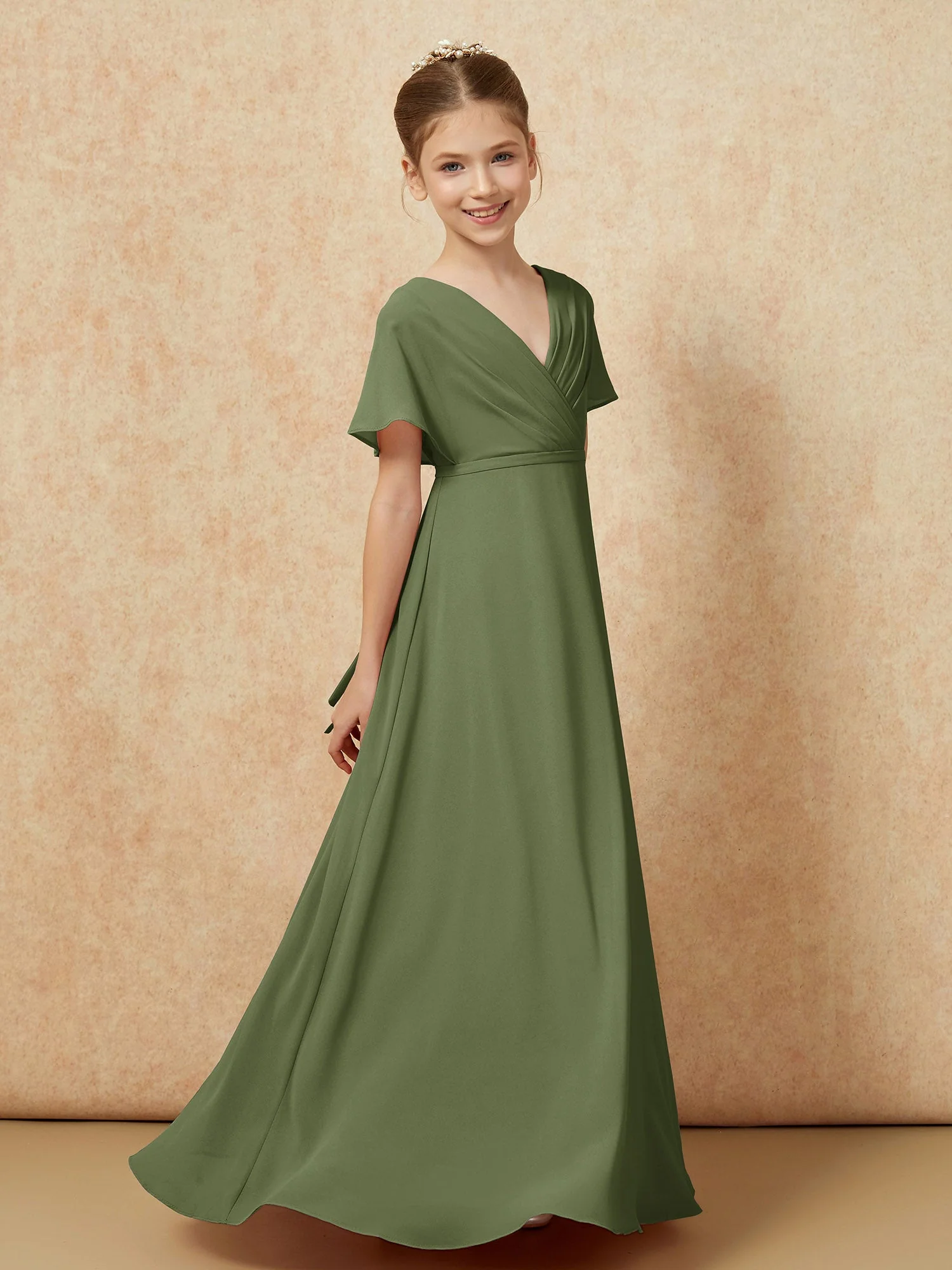 Flatterärmel A-Linie Chiffon Junge Brautjungfernkleider Olivgrün - Image 3