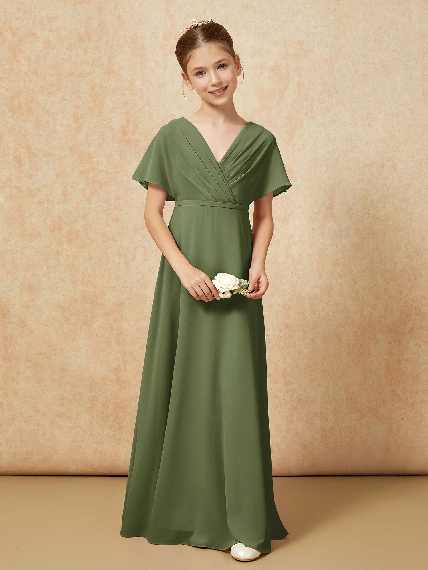 Flatterärmel A-Linie Chiffon Junge Brautjungfernkleider Olivgrün - Image 4