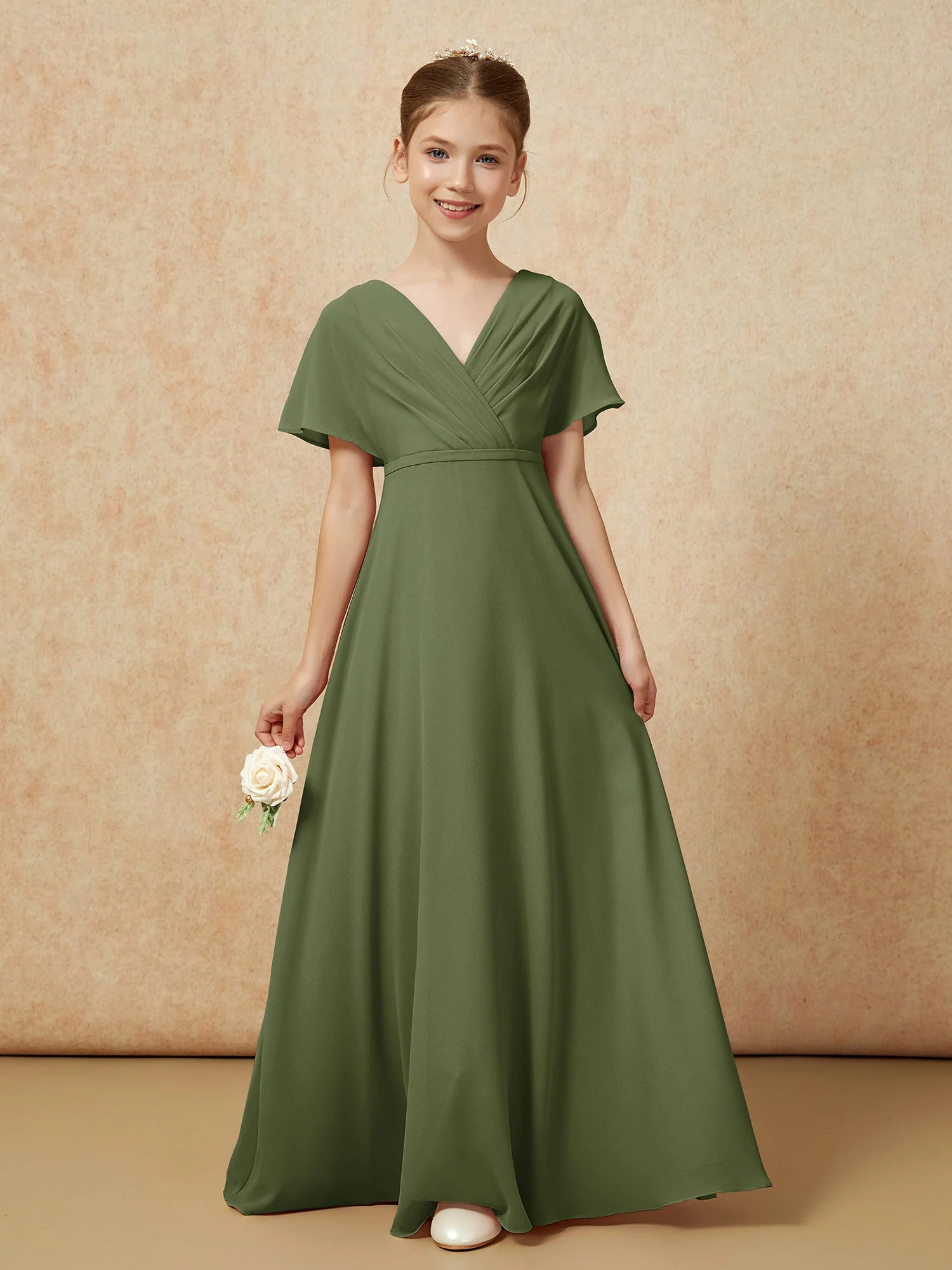 Flatterärmel A-Linie Chiffon Junge Brautjungfernkleider Olivgrün - Image 5
