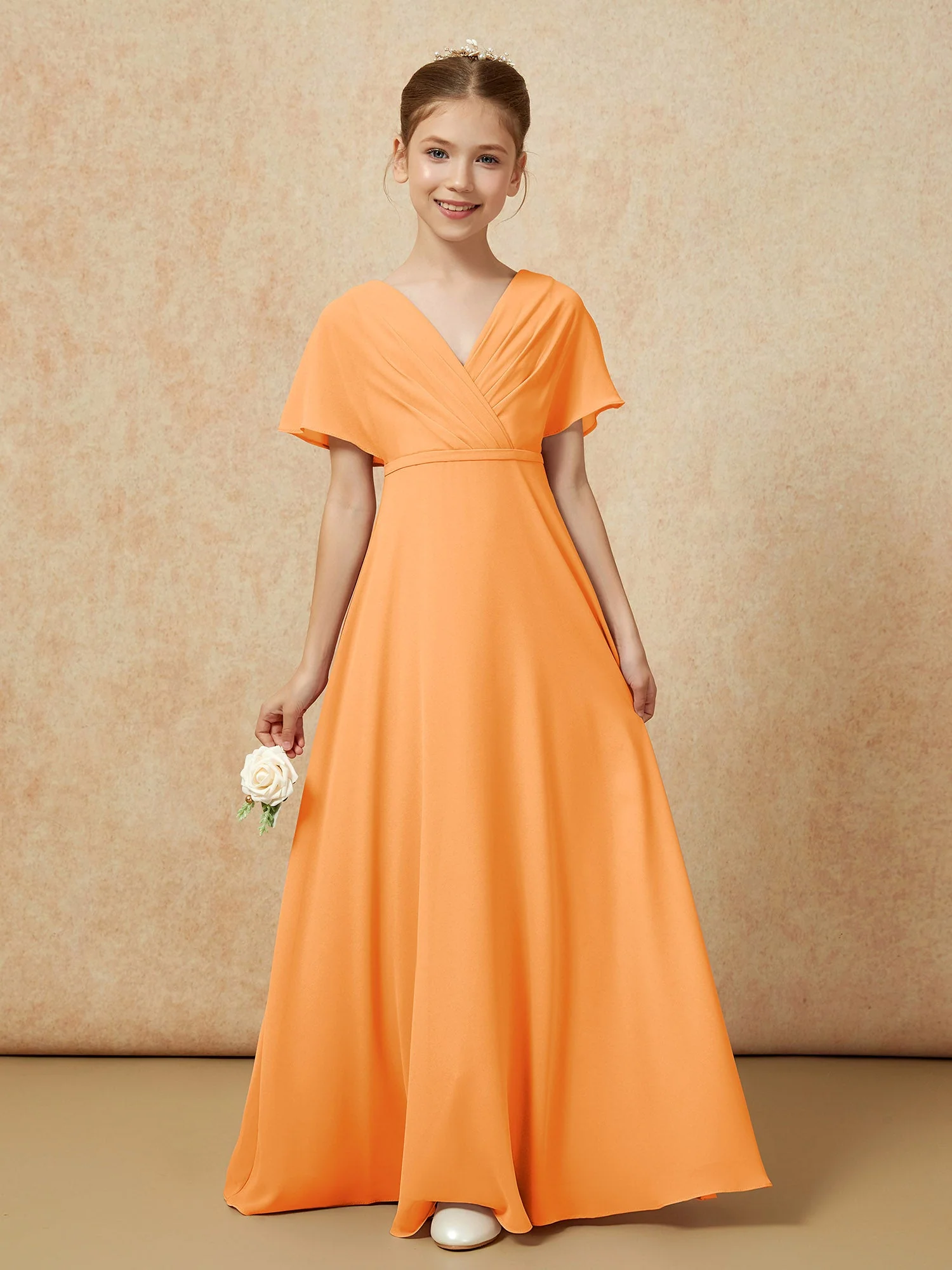 Flatterärmel A-Linie Chiffon Junge Brautjungfernkleider Orange - Image 5