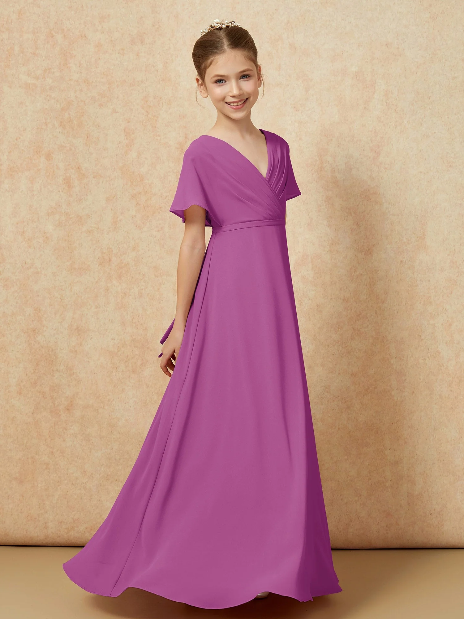 Flatterärmel A-Linie Chiffon Junge Brautjungfernkleider Orchidee - Image 3