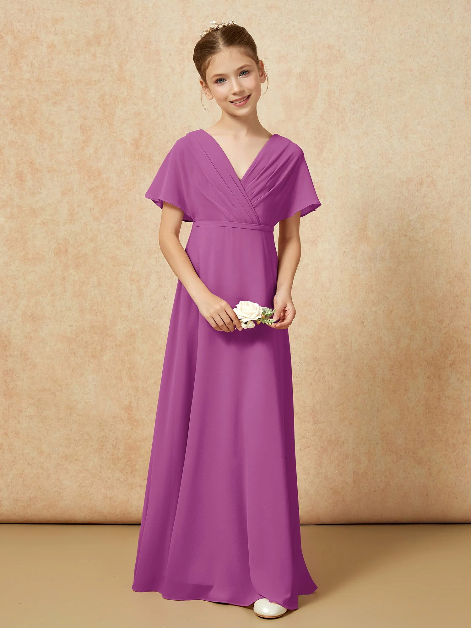 Flatterärmel A-Linie Chiffon Junge Brautjungfernkleider Orchidee - Image 4