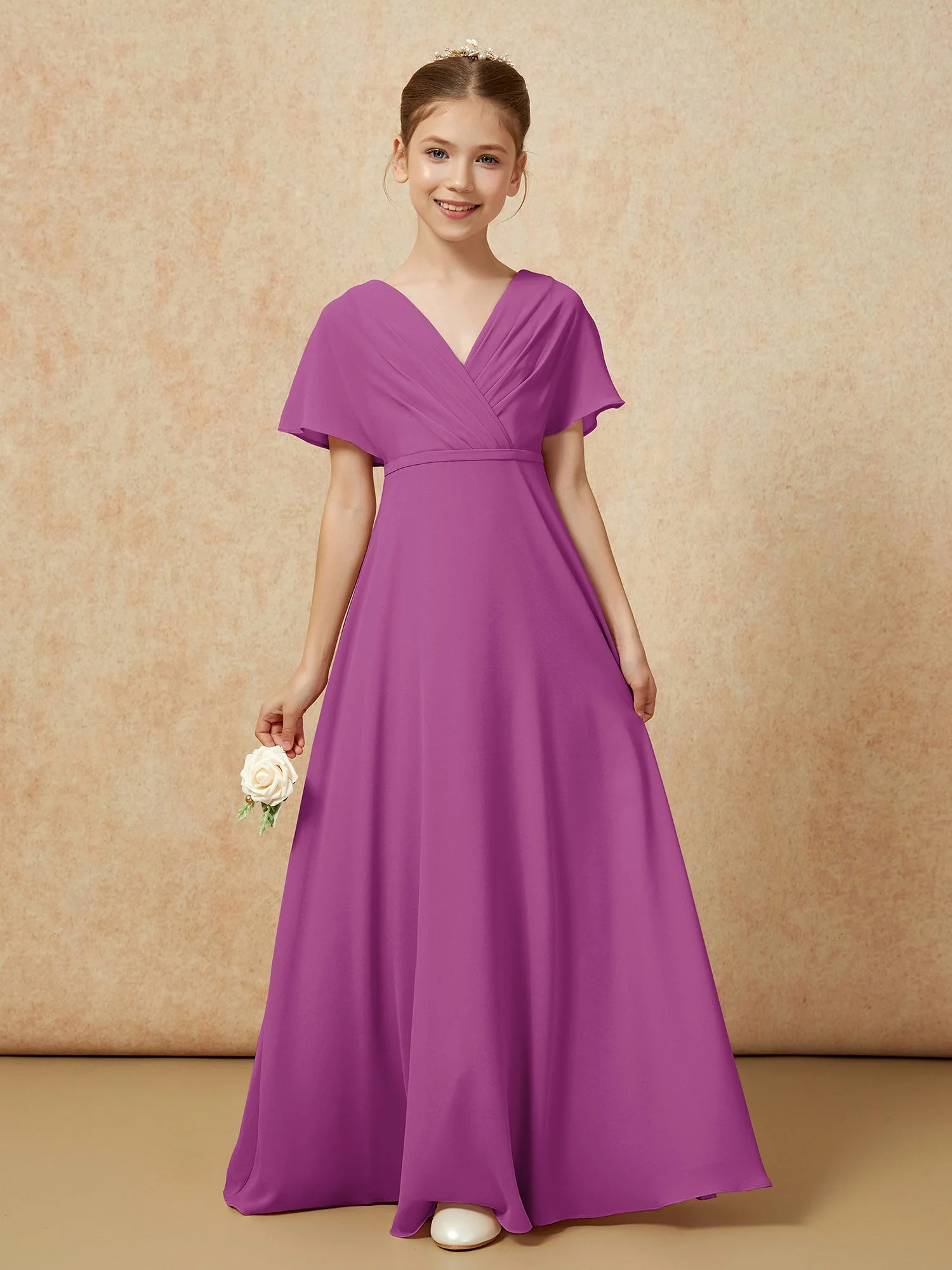 Flatterärmel A-Linie Chiffon Junge Brautjungfernkleider Orchidee - Image 5