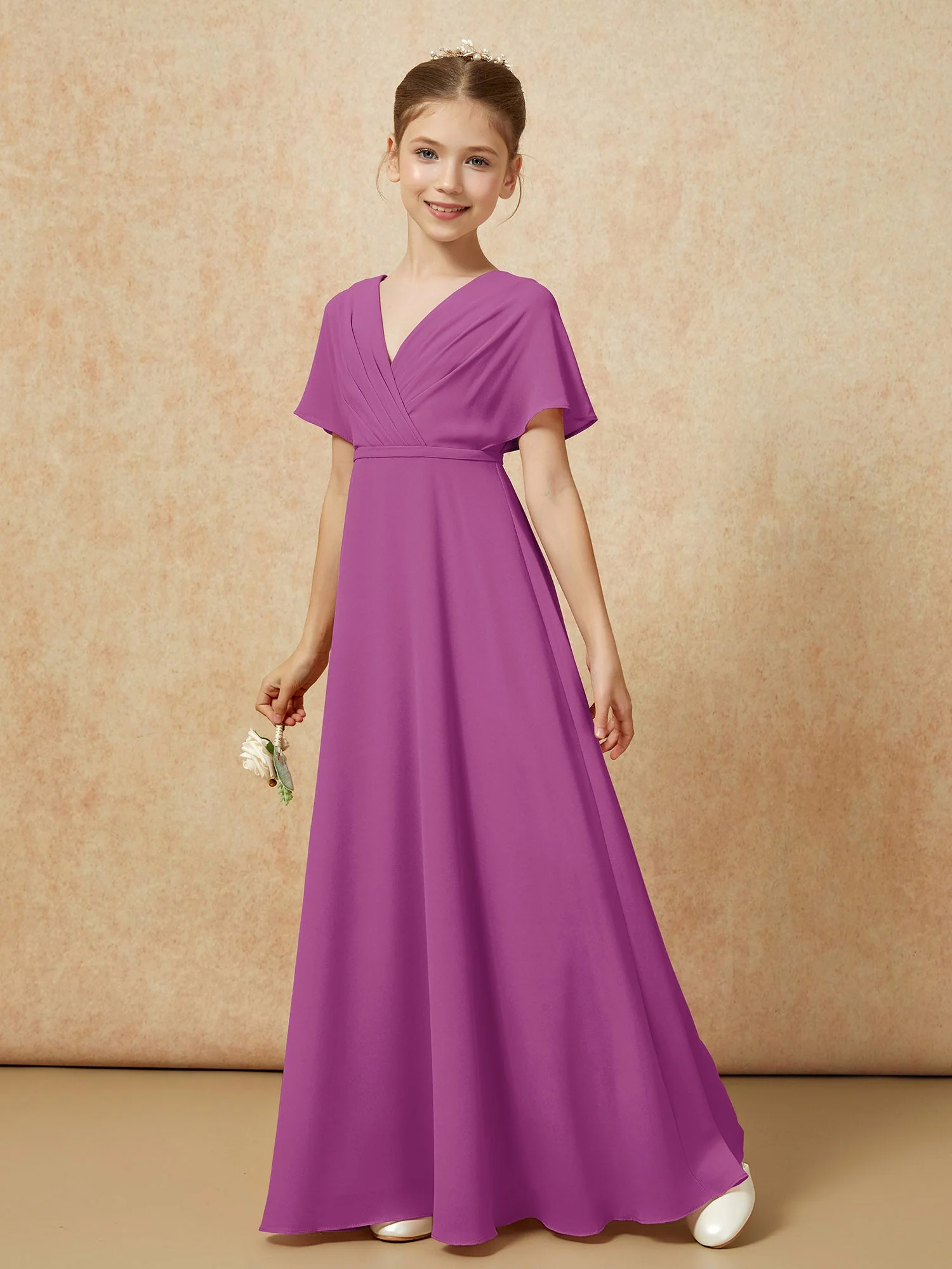 Flatterärmel A-Linie Chiffon Junge Brautjungfernkleider Orchidee - Image 6