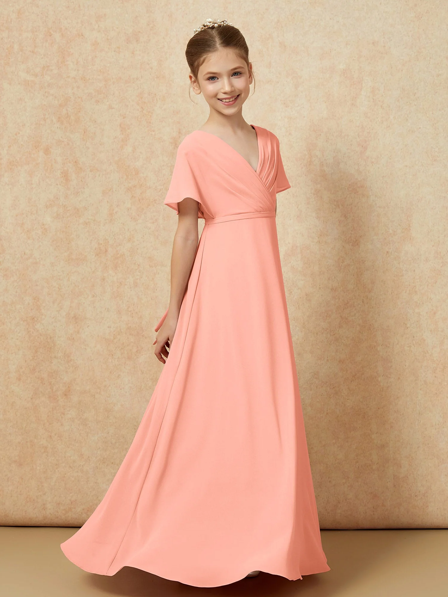 FlatterÀrmel A-Linie Chiffon Junge Brautjungfernkleider Papaya - Image 3