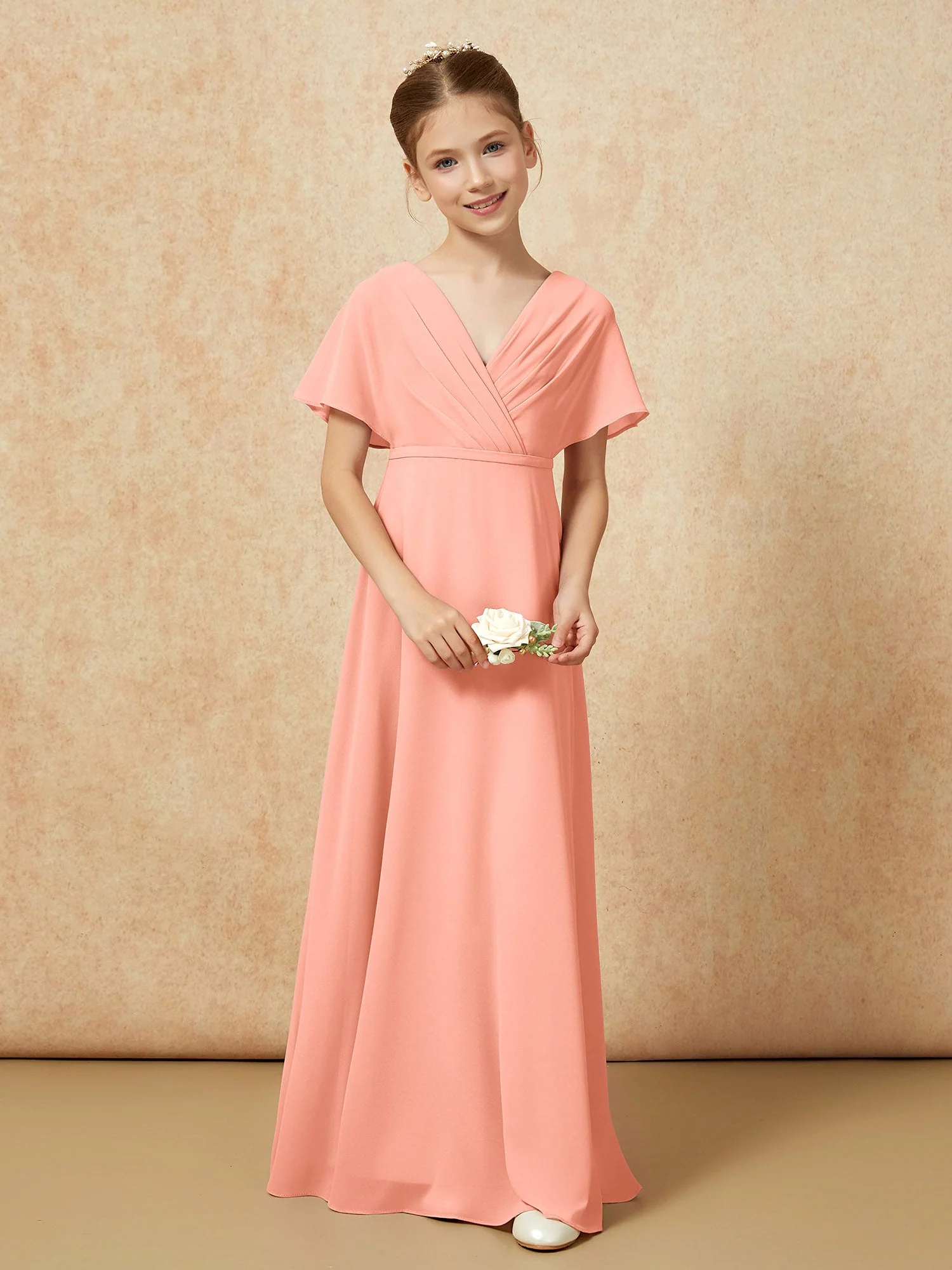 FlatterÀrmel A-Linie Chiffon Junge Brautjungfernkleider Papaya - Image 4