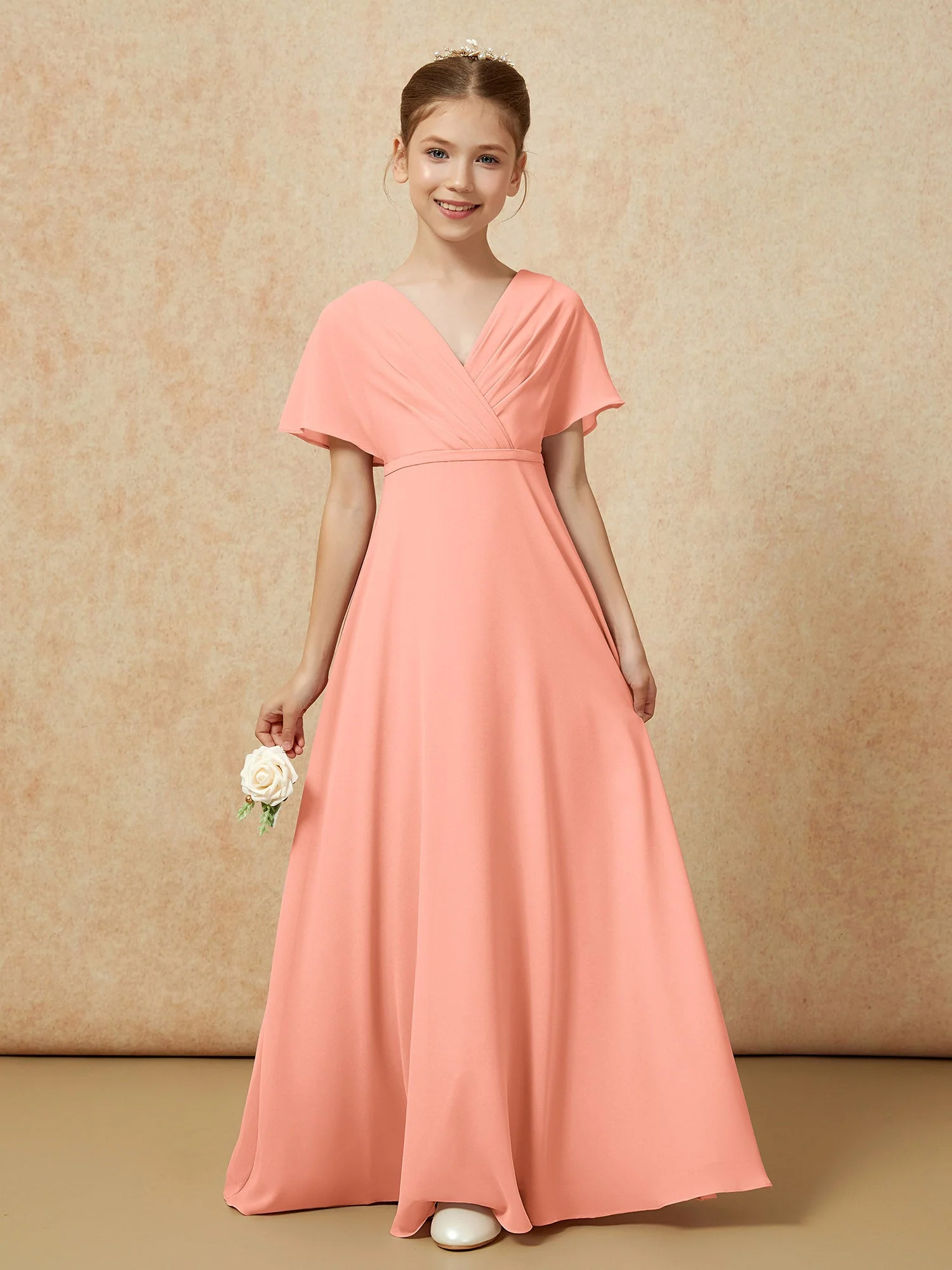 FlatterÀrmel A-Linie Chiffon Junge Brautjungfernkleider Papaya - Image 5