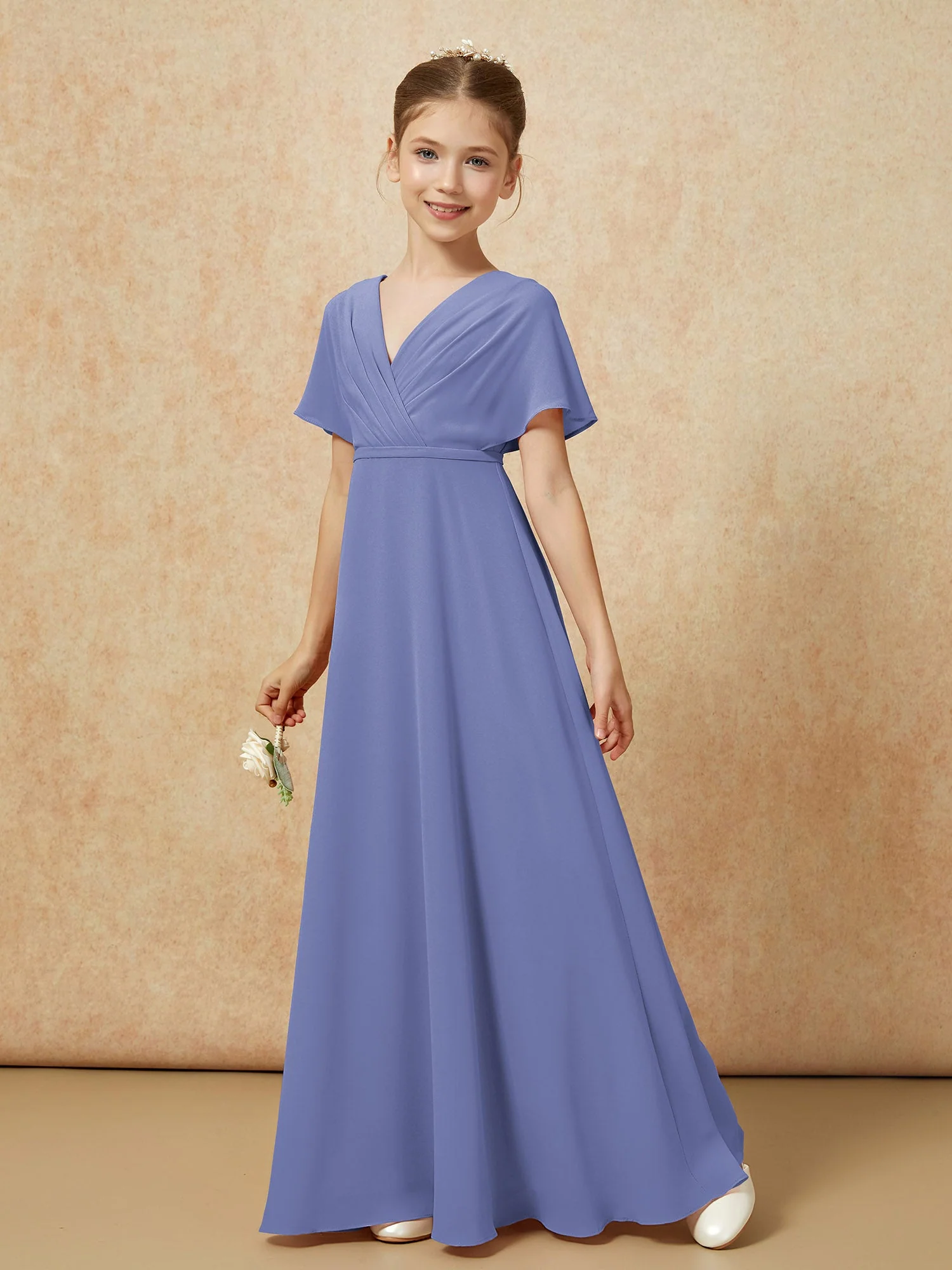 FlatterÀrmel A-Linie Chiffon Junge Brautjungfernkleider Periwinkleblau - Image 6