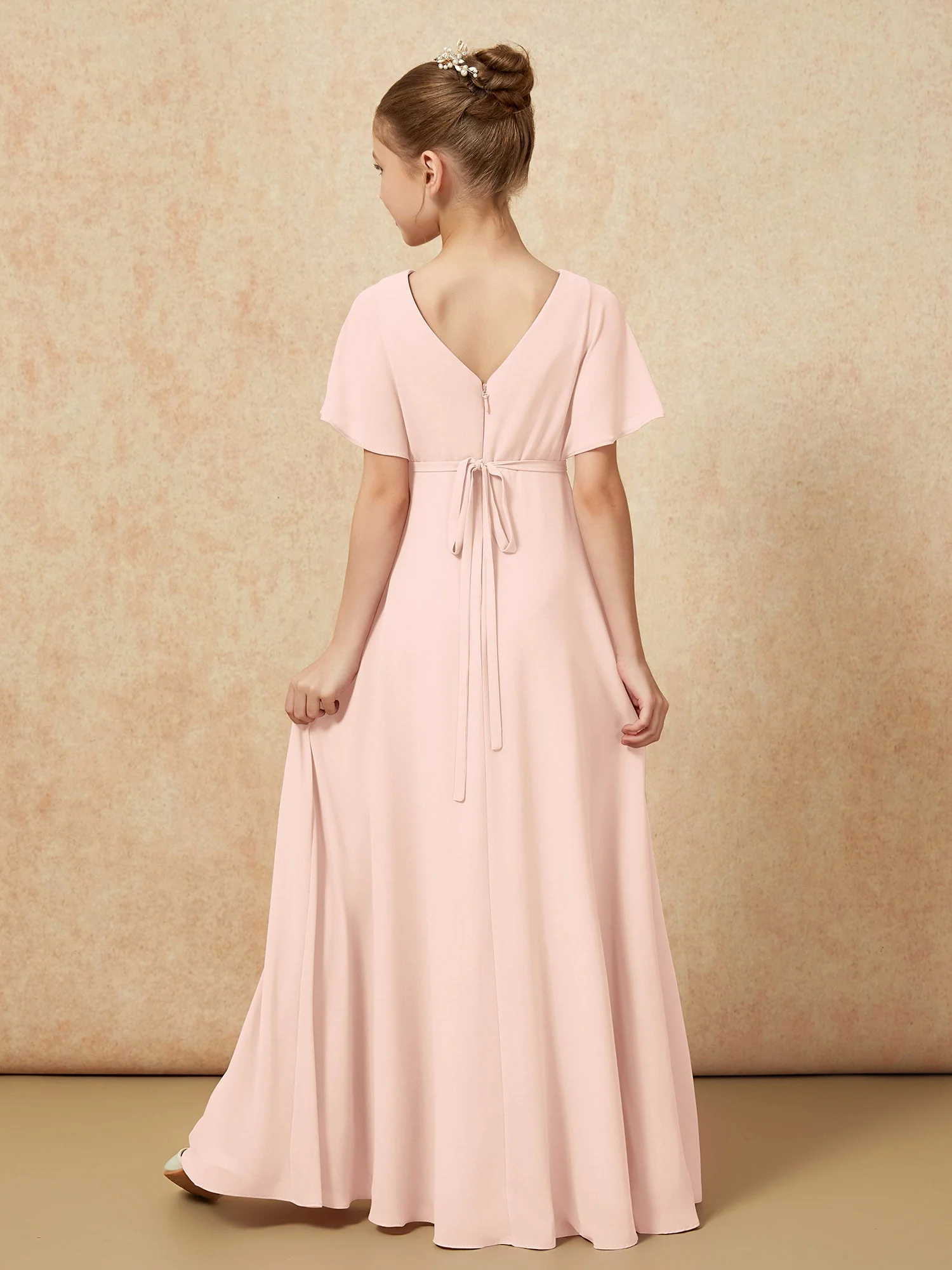 FlatterÀrmel A-Linie Chiffon Junge Brautjungfernkleider Perlrosa - Image 2