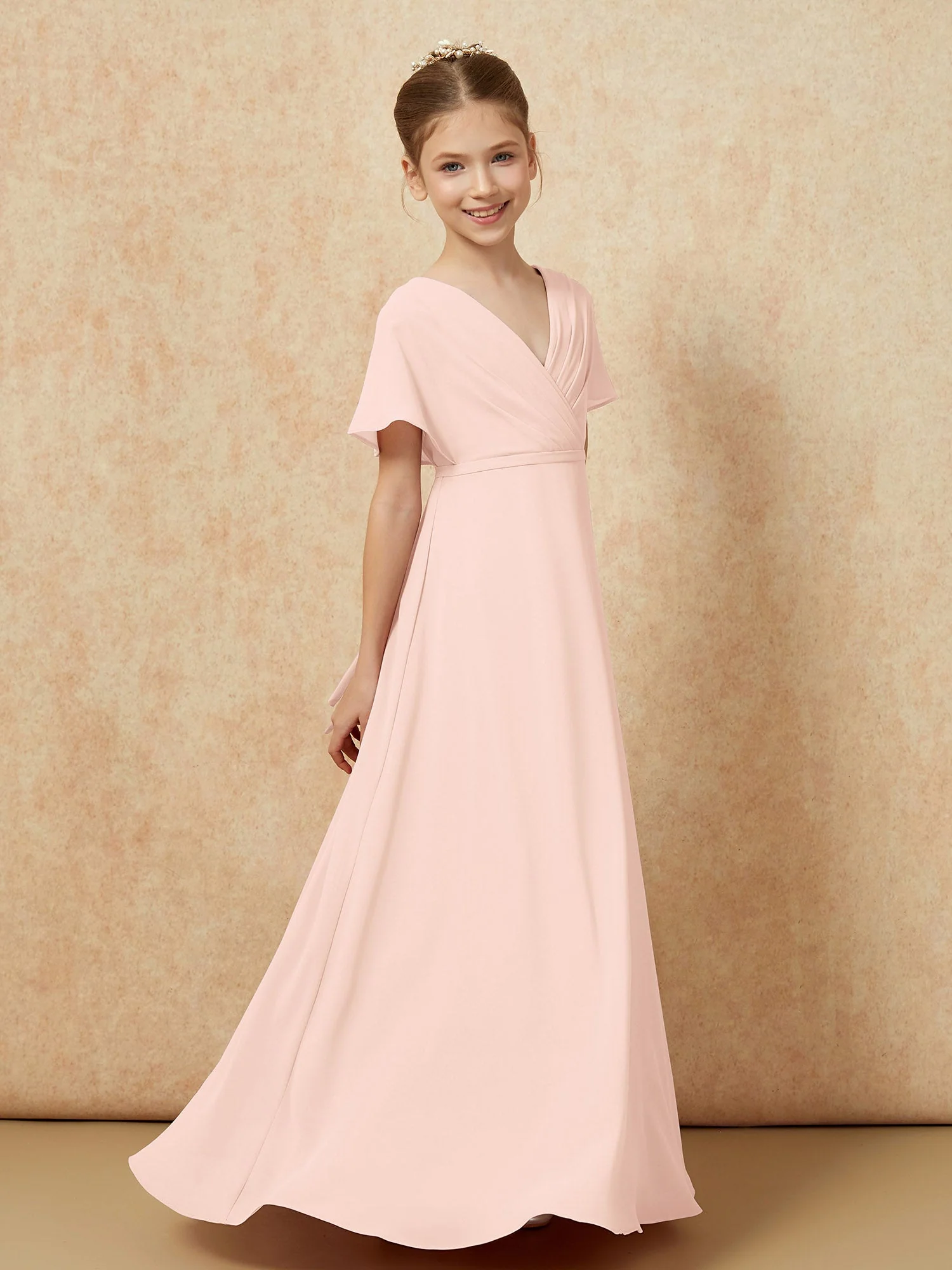 FlatterÀrmel A-Linie Chiffon Junge Brautjungfernkleider Perlrosa - Image 3