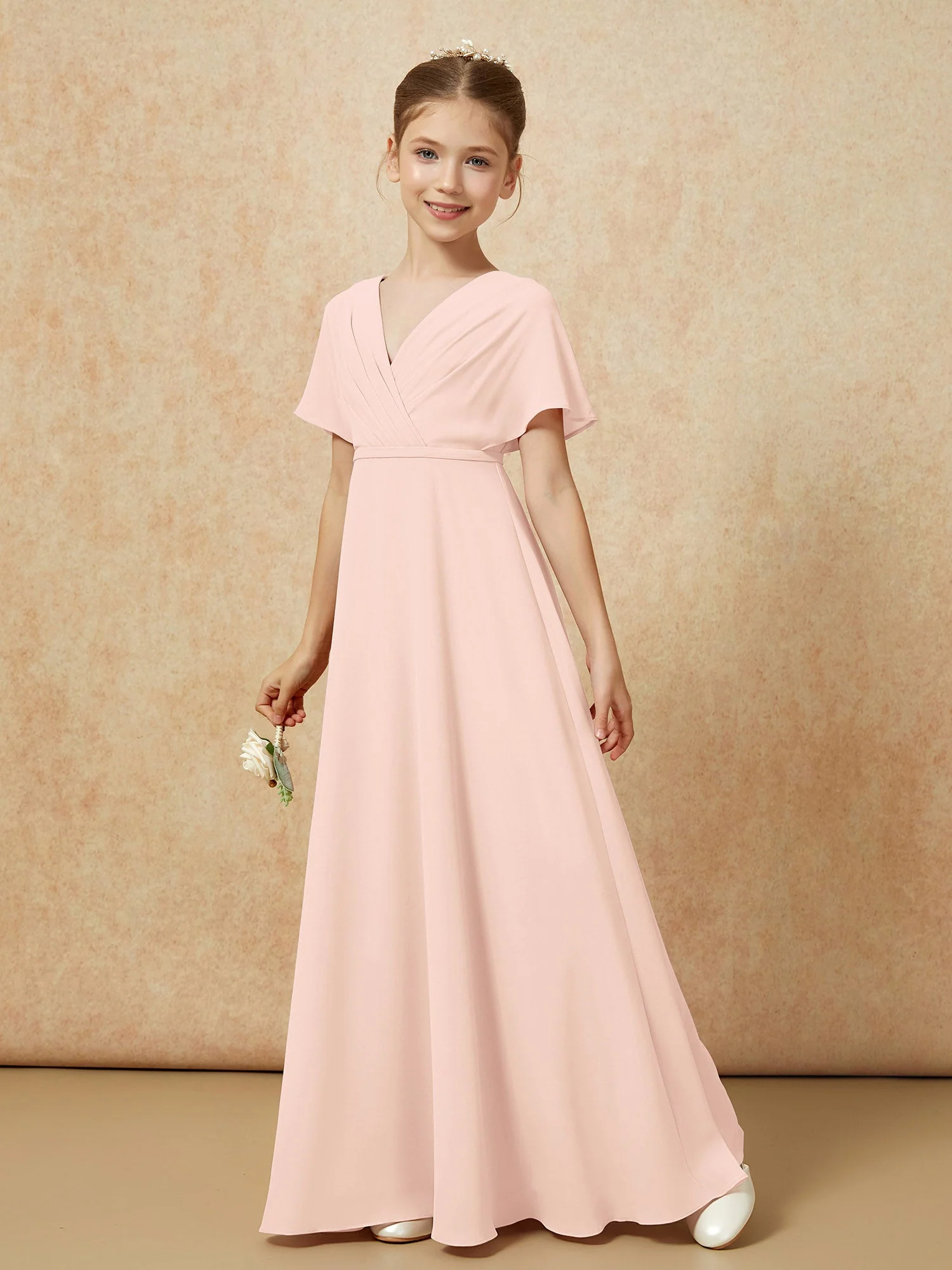 FlatterÀrmel A-Linie Chiffon Junge Brautjungfernkleider Perlrosa - Image 6