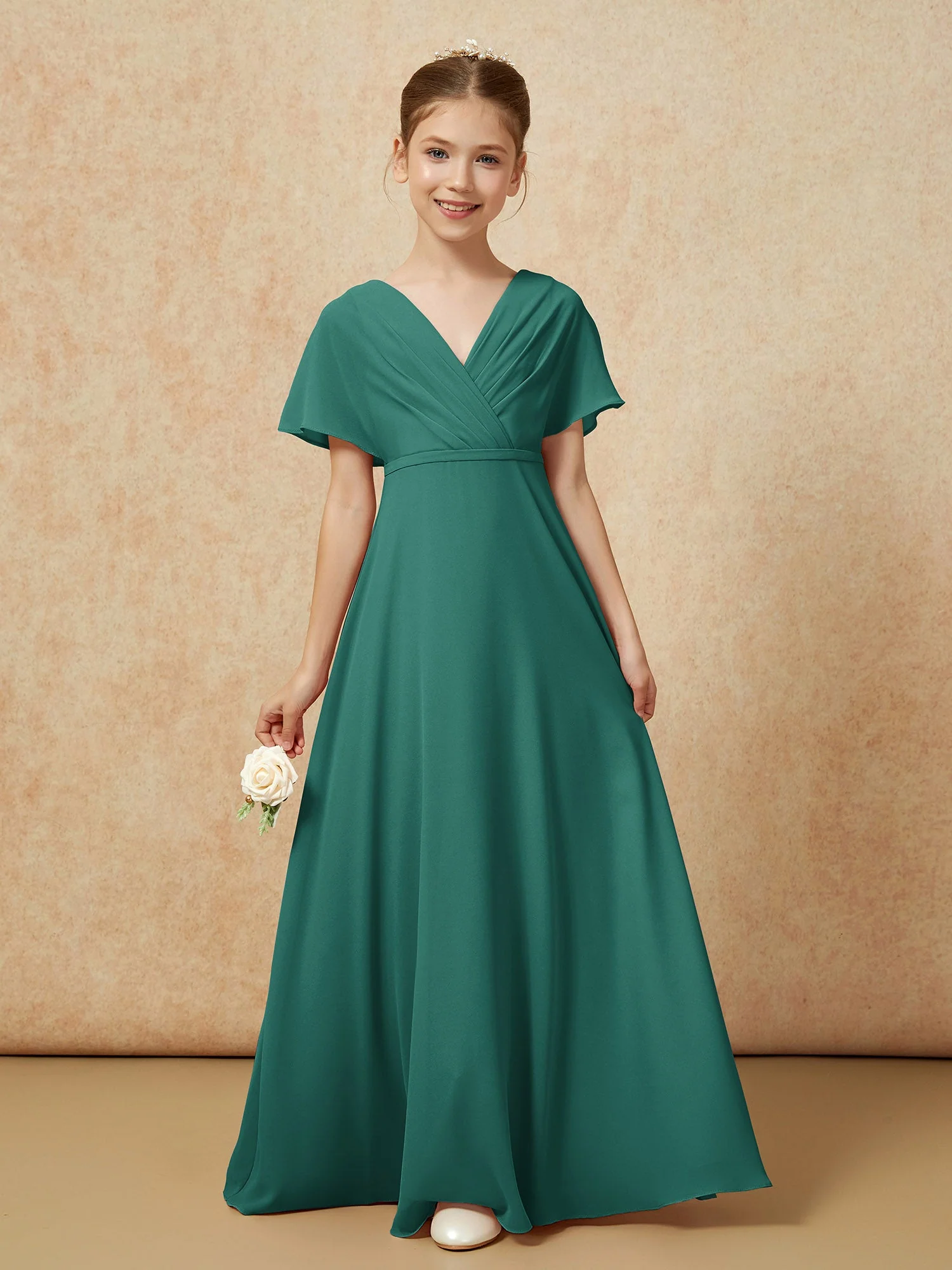 FlatterÀrmel A-Linie Chiffon Junge Brautjungfernkleider Pfau - Image 5