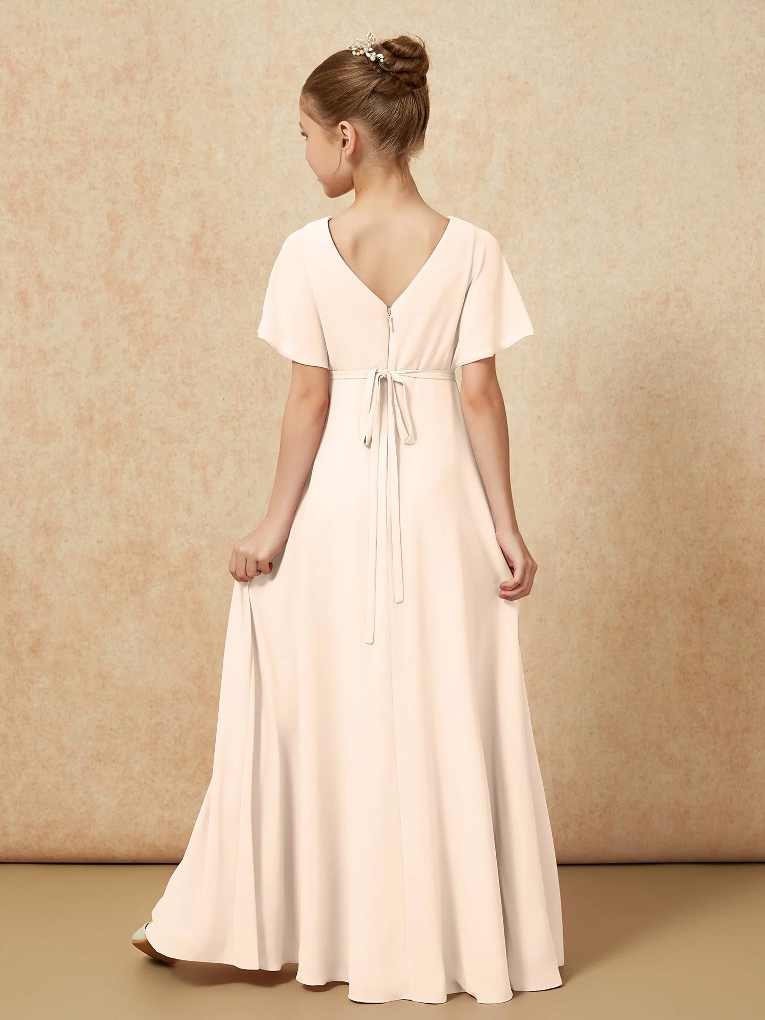 Flatterärmel A-Linie Chiffon Junge Brautjungfernkleider Pfirsich - Image 2