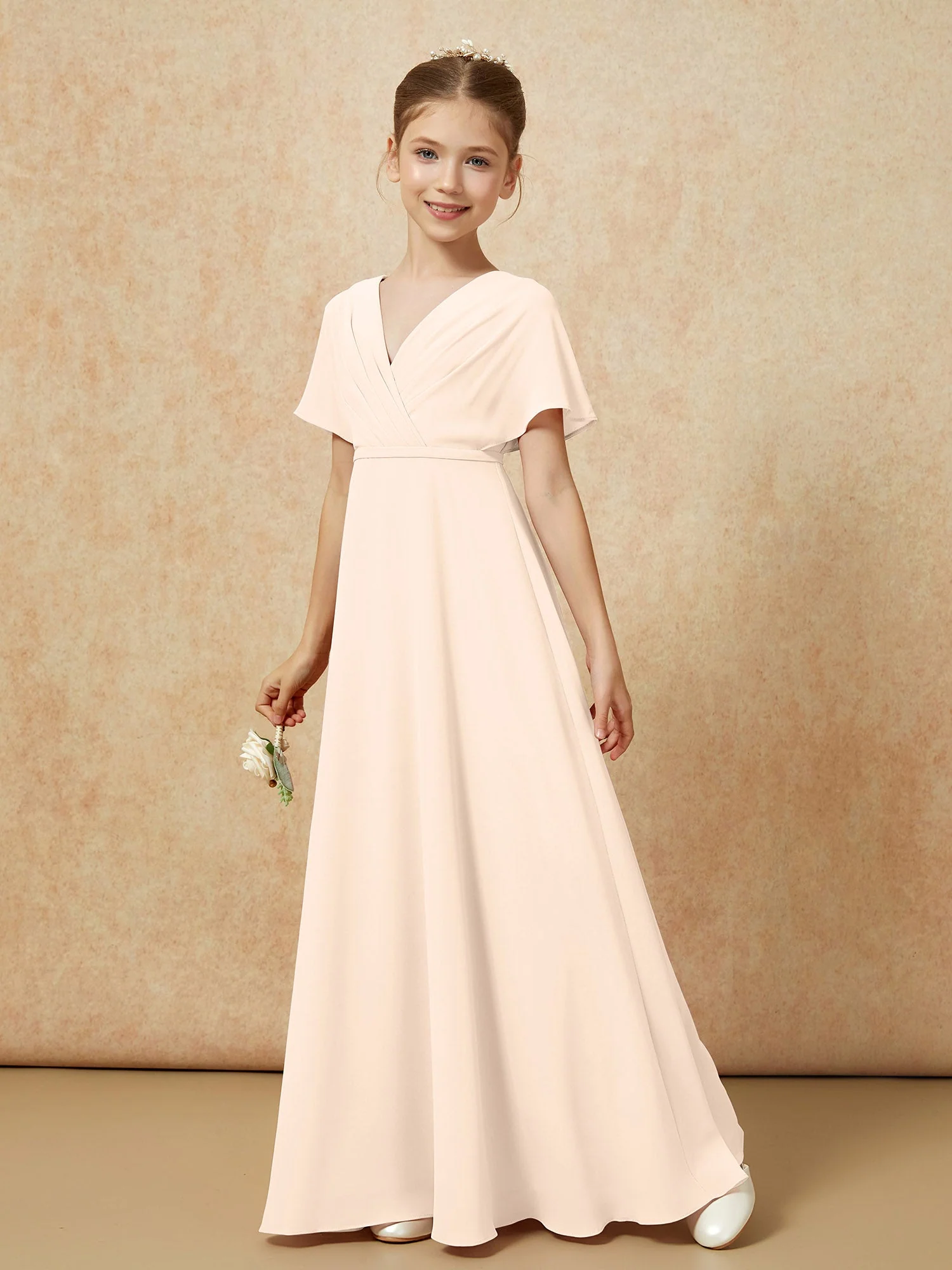 Flatterärmel A-Linie Chiffon Junge Brautjungfernkleider Pfirsich - Image 6