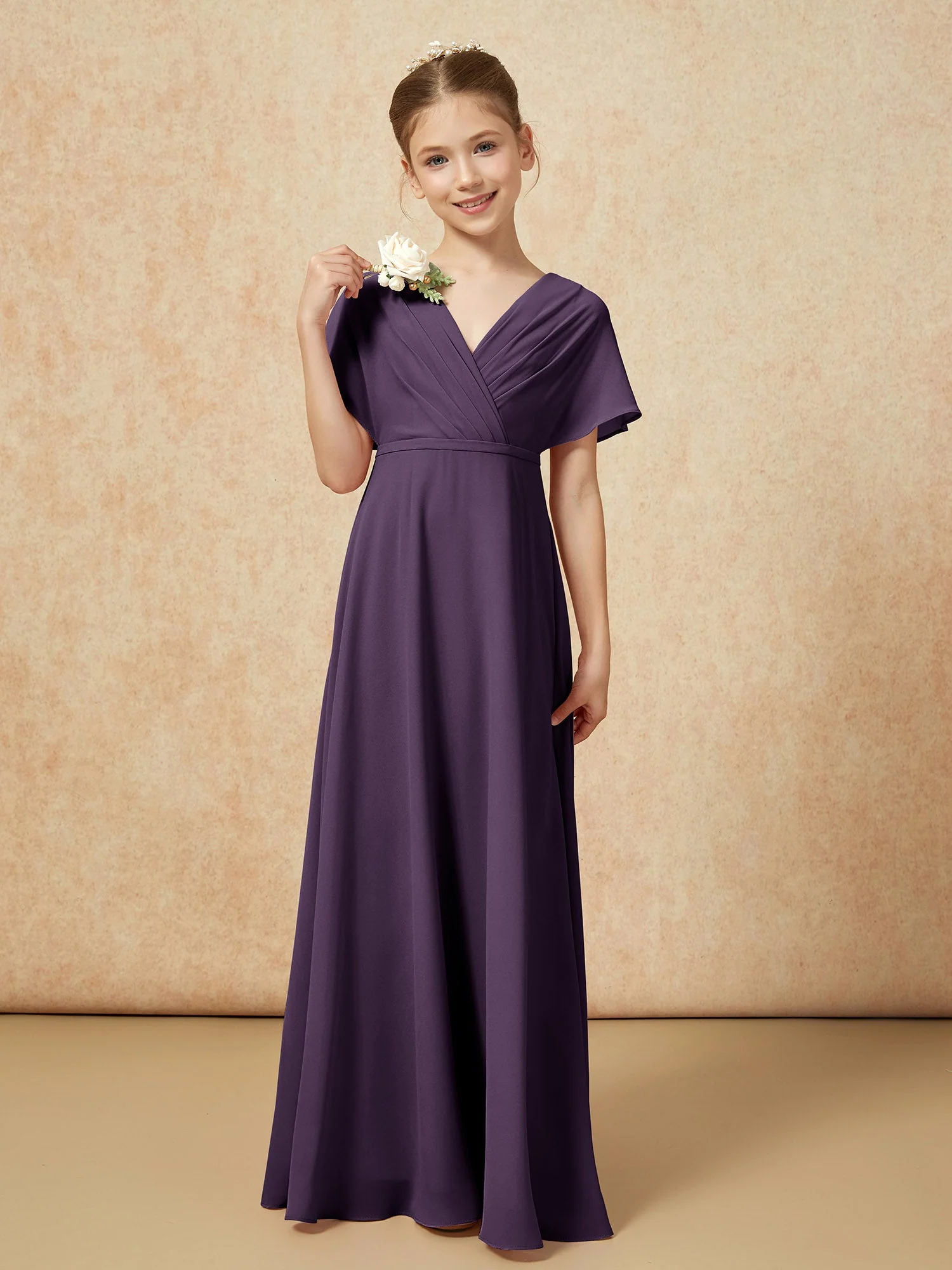 FlatterÀrmel A-Linie Chiffon Junge Brautjungfernkleider Plum