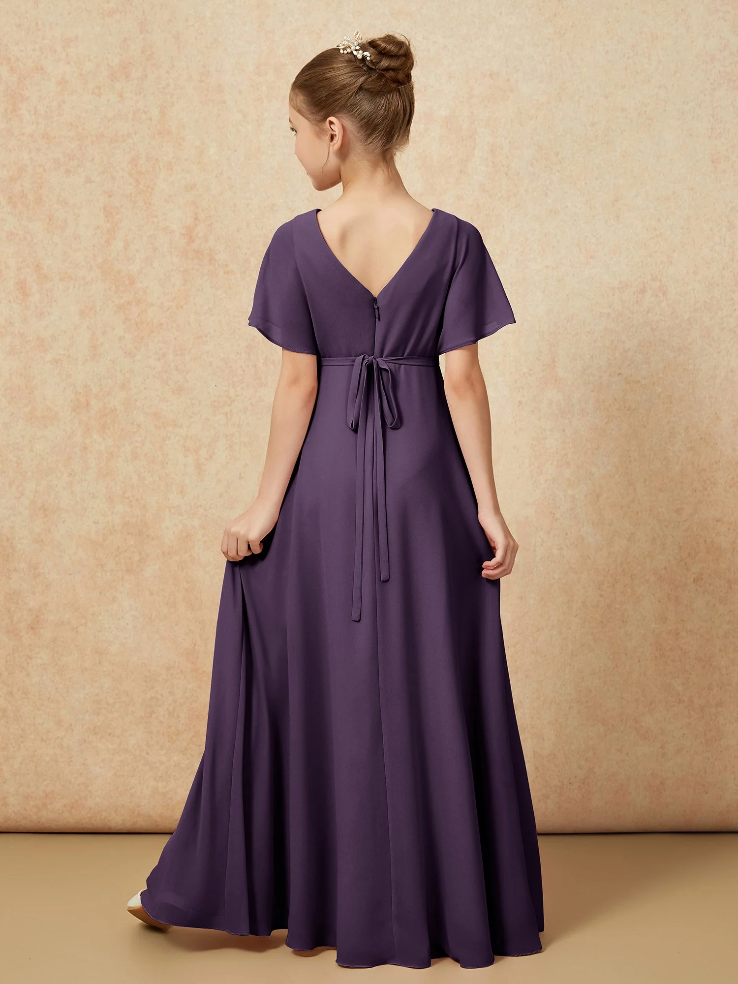FlatterÀrmel A-Linie Chiffon Junge Brautjungfernkleider Plum - Image 2
