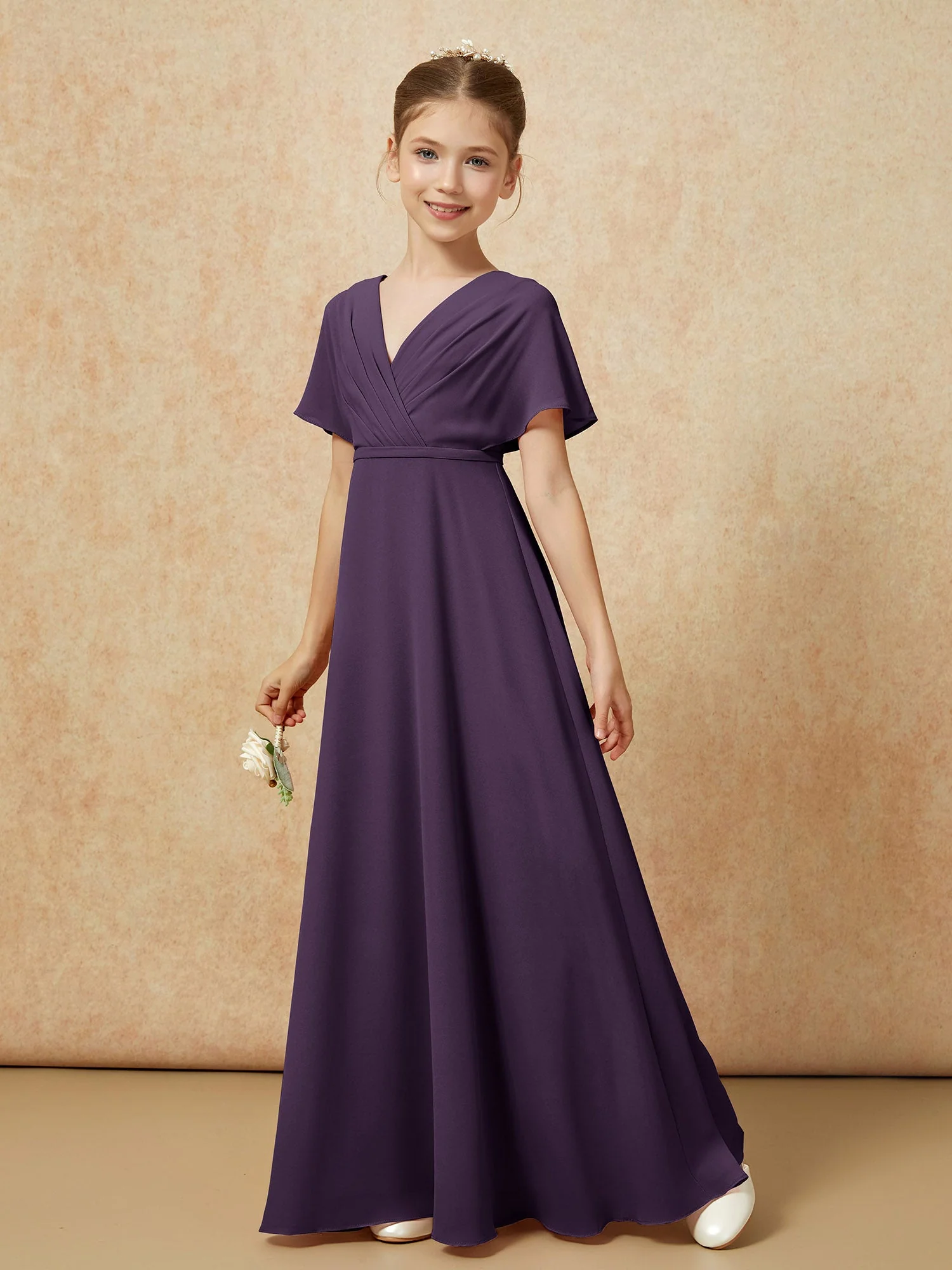 FlatterÀrmel A-Linie Chiffon Junge Brautjungfernkleider Plum - Image 6
