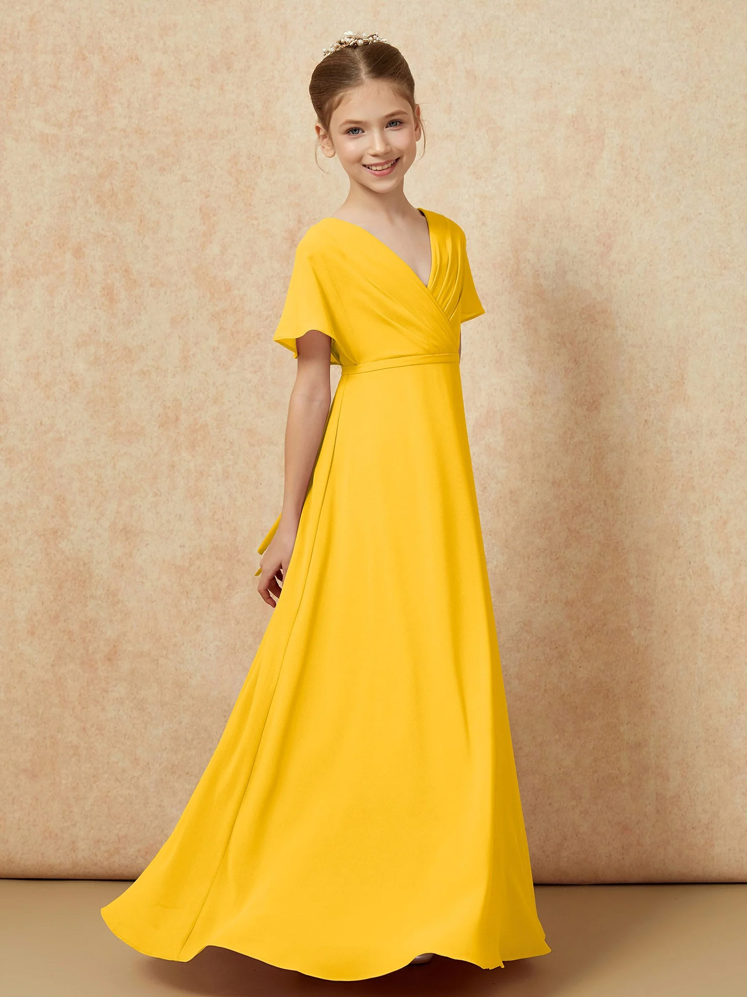 Flatterärmel A-Linie Chiffon Junge Brautjungfernkleider Ringelblume - Image 3