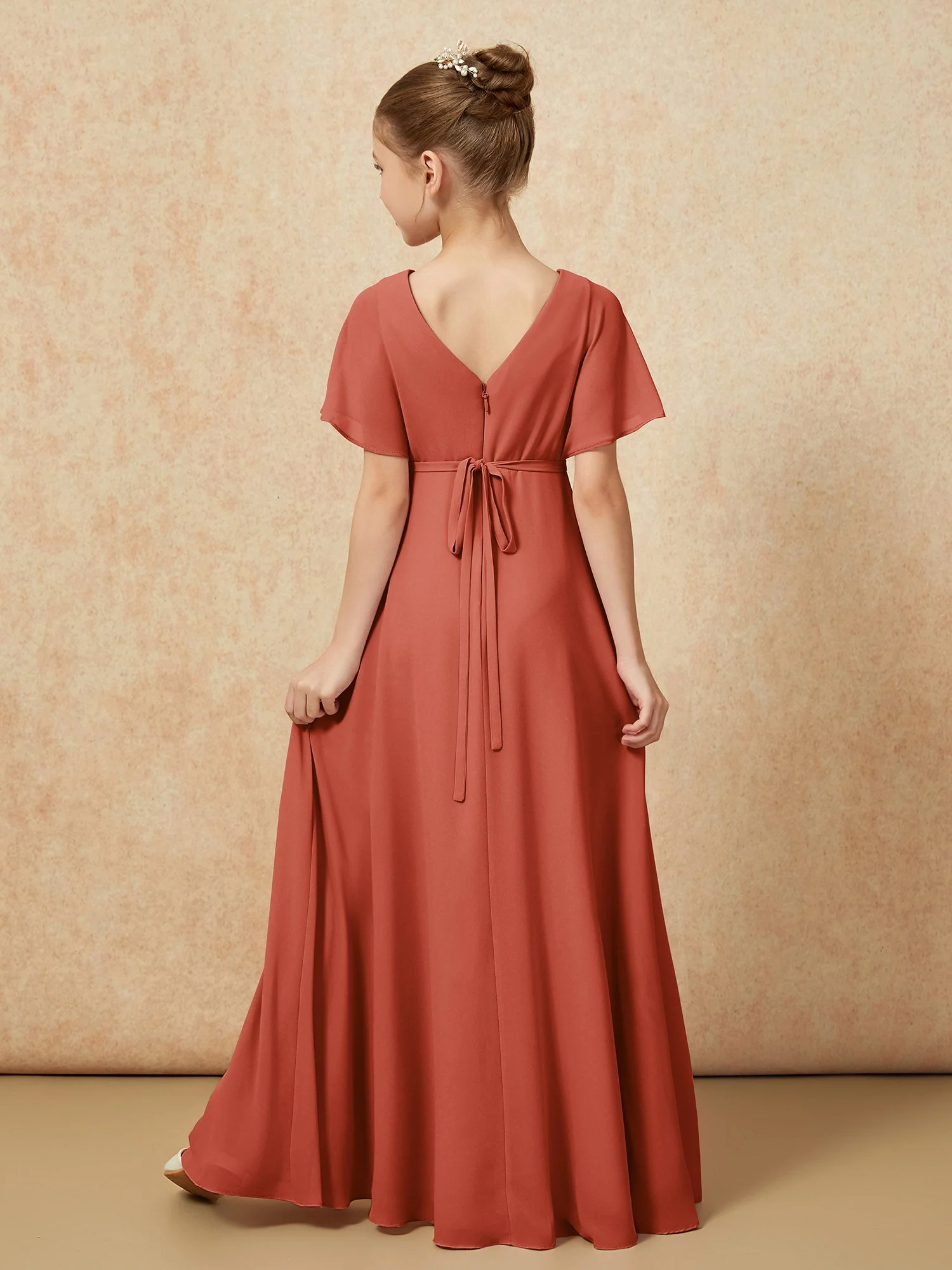 Flatterärmel A-Linie Chiffon Junge Brautjungfernkleider Rost - Image 2