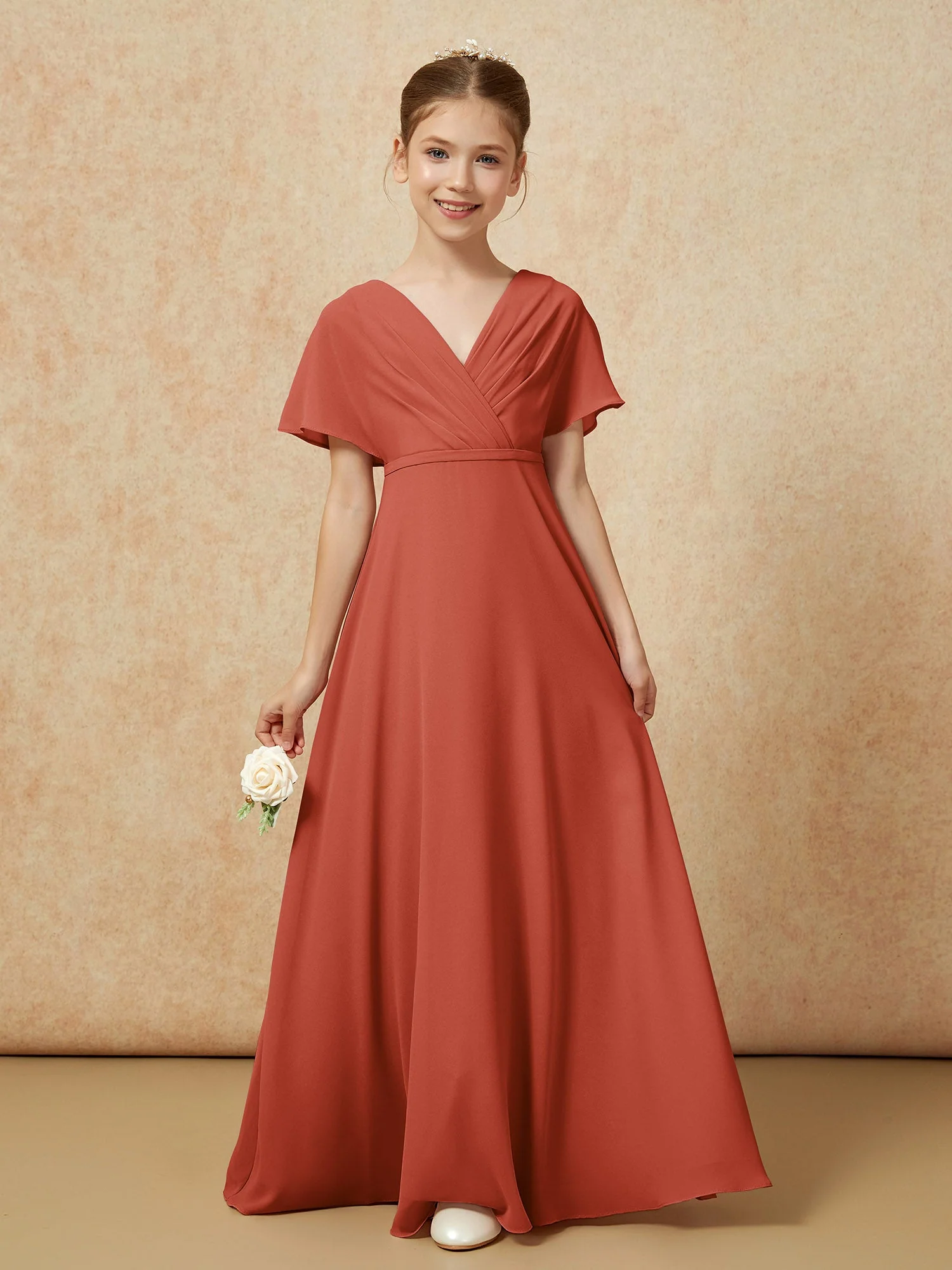 Flatterärmel A-Linie Chiffon Junge Brautjungfernkleider Rost - Image 5