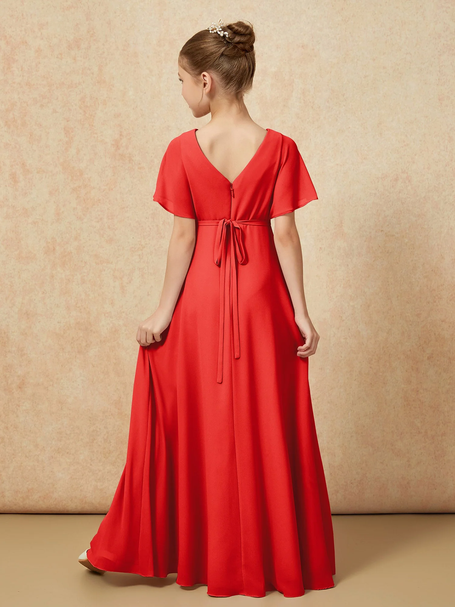 Flatterärmel A-Linie Chiffon Junge Brautjungfernkleider Rot - Image 2